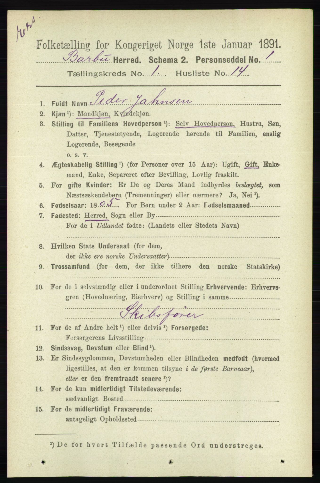 RA, Census 1891 for Nedenes amt: Gjenparter av personsedler for beslektede ektefeller, menn, 1891, p. 504