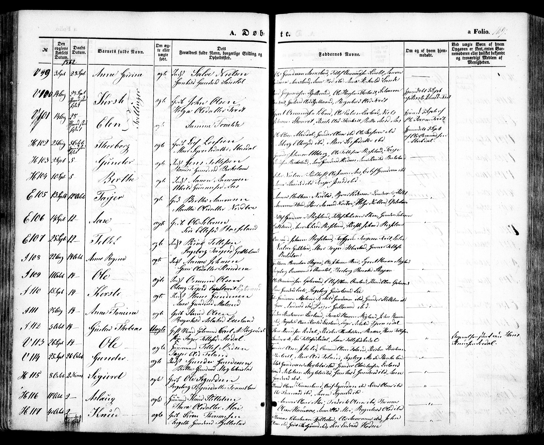 Evje sokneprestkontor, SAK/1111-0008/F/Fa/Faa/L0005: Parish register (official) no. A 5, 1843-1865, p. 169