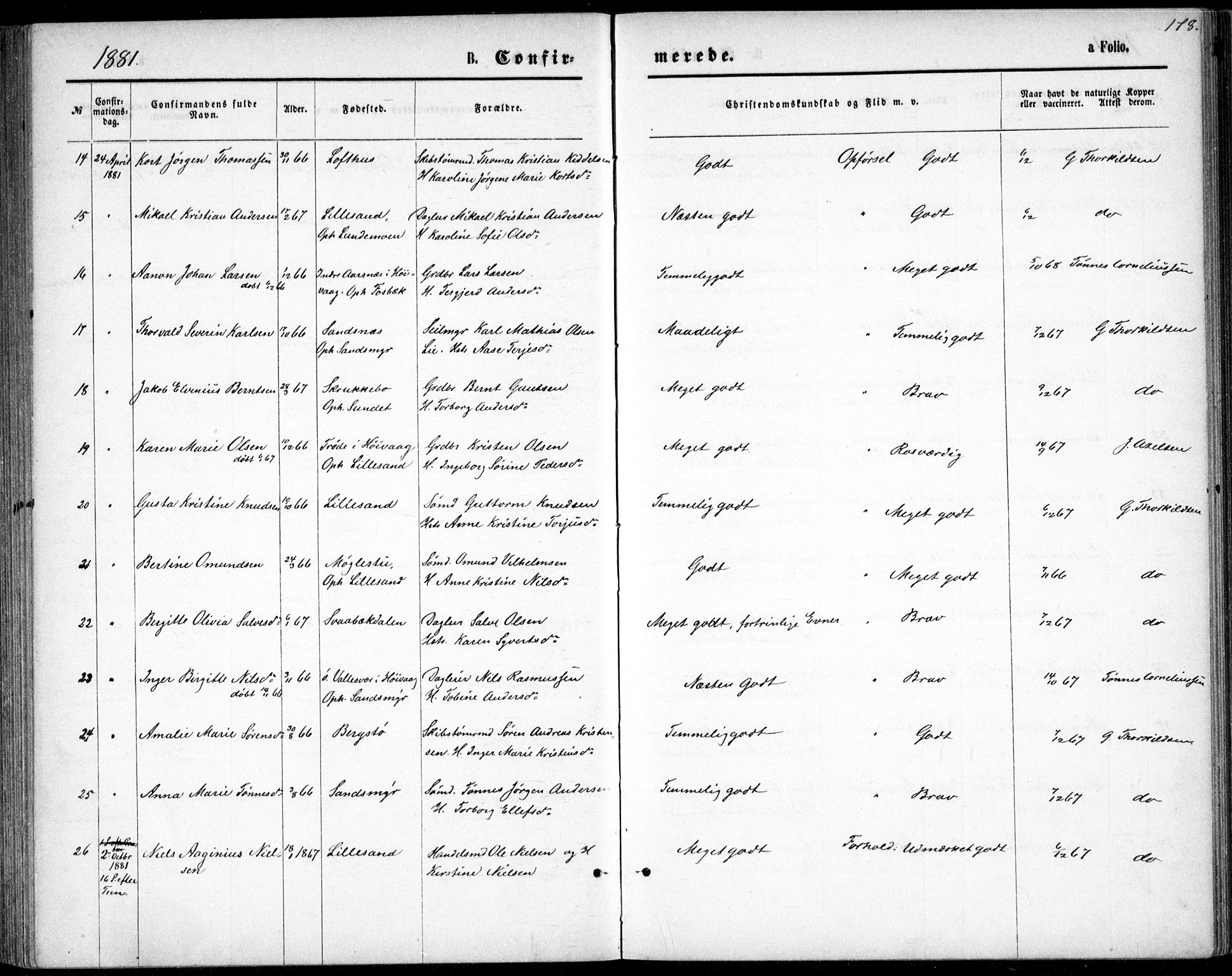 Vestre Moland sokneprestkontor, AV/SAK-1111-0046/F/Fb/Fbb/L0005: Parish register (copy) no. B 5, 1872-1883, p. 178