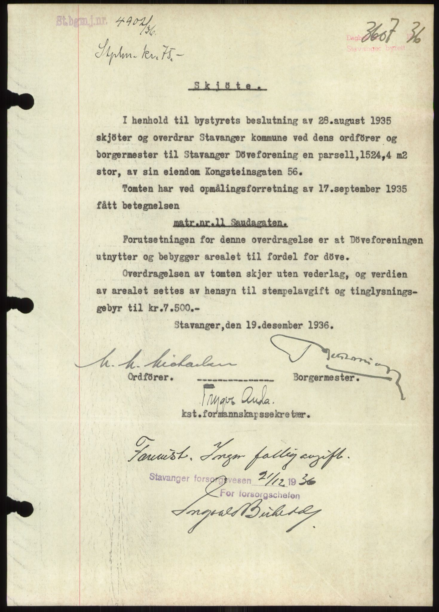 Stavanger byrett, SAST/A-100455/002/G/Gb/L0033: Mortgage book, 1936-1950, Diary no: : 3607/1936