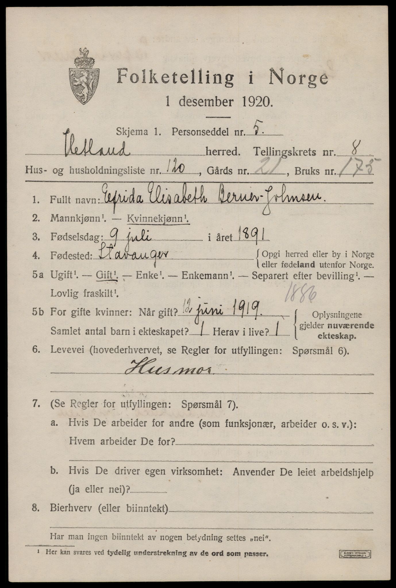 SAST, 1920 census for Hetland, 1920, p. 17709