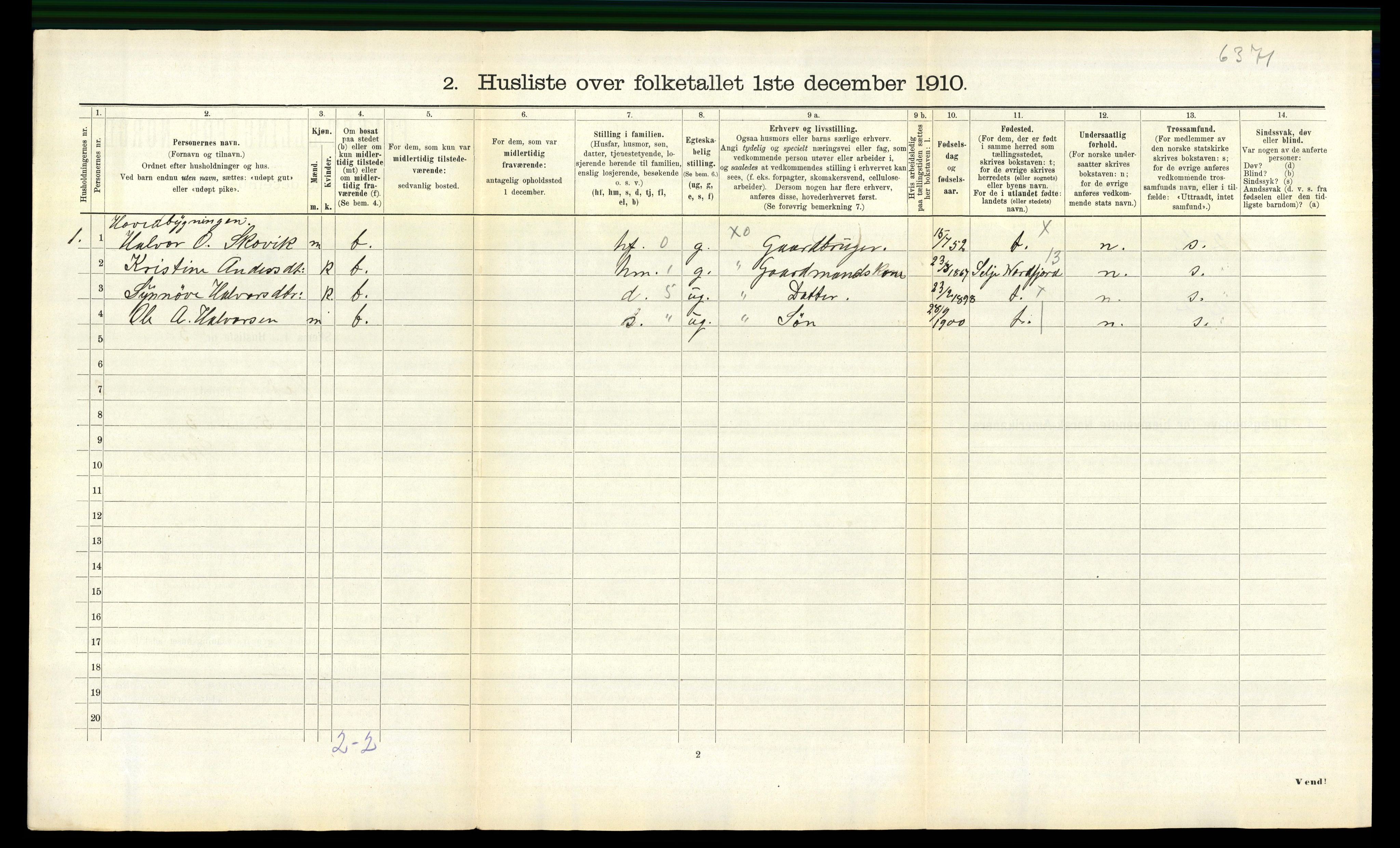 RA, 1910 census for Veøy, 1910, p. 121