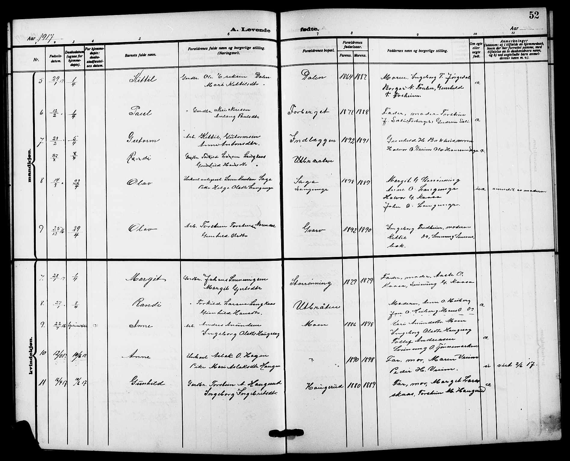Bø kirkebøker, AV/SAKO-A-257/G/Ga/L0007: Parish register (copy) no. 7, 1909-1924, p. 52