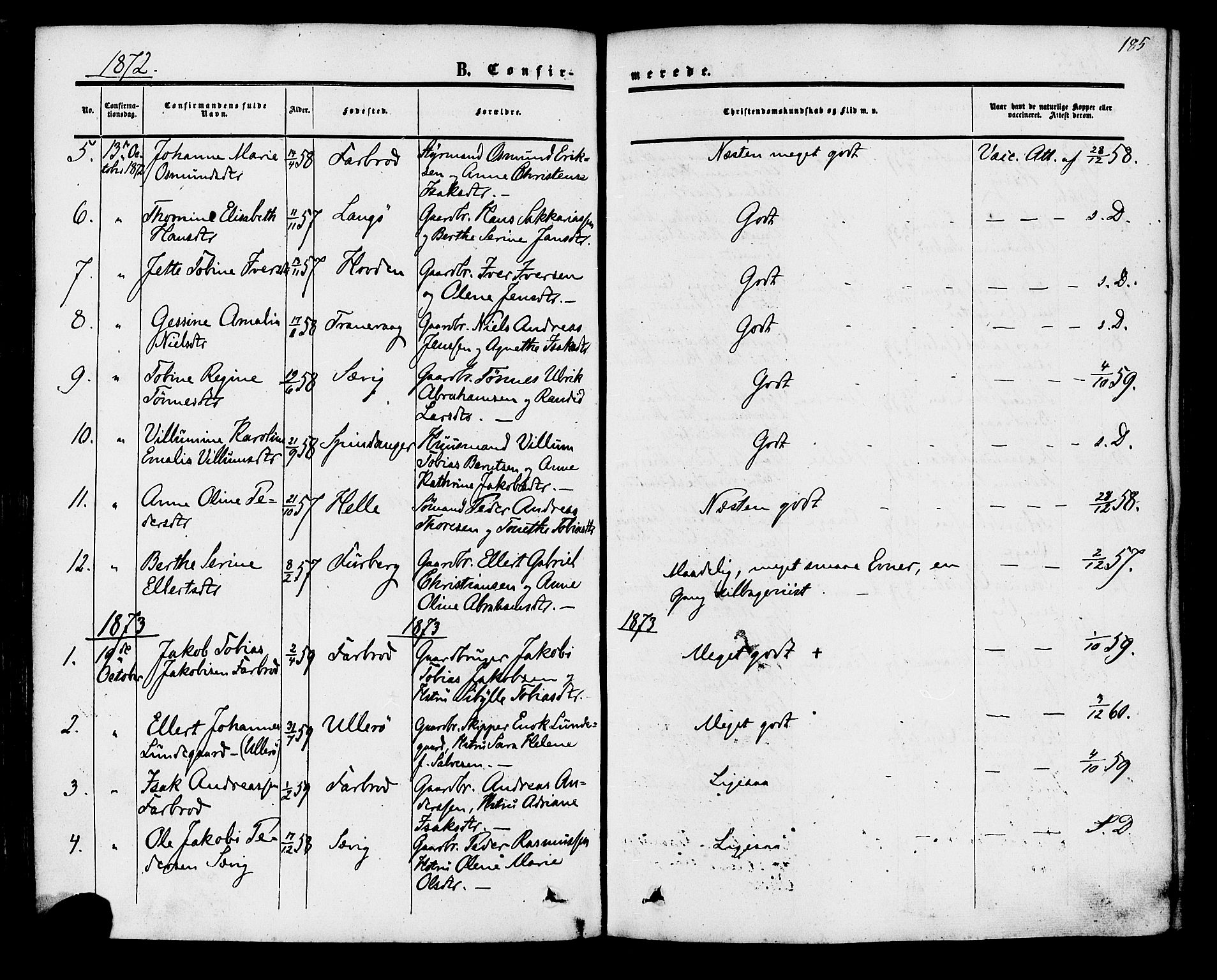 Herad sokneprestkontor, SAK/1111-0018/F/Fa/Fab/L0004: Parish register (official) no. A 4, 1853-1885, p. 185