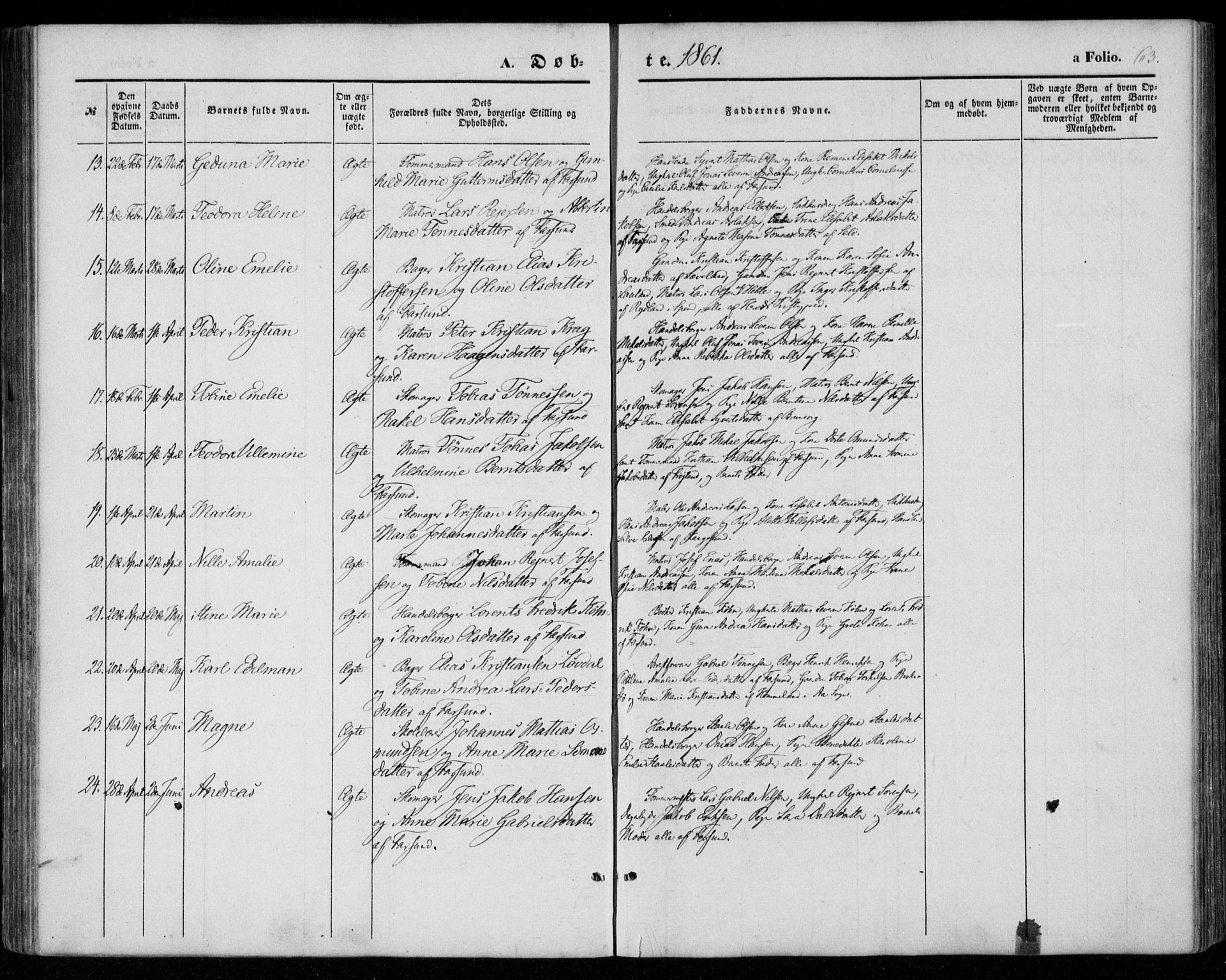 Farsund sokneprestkontor, SAK/1111-0009/F/Fa/L0004: Parish register (official) no. A 4, 1847-1863, p. 63