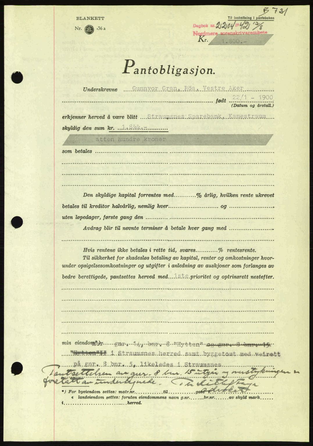 Nordmøre sorenskriveri, AV/SAT-A-4132/1/2/2Ca: Mortgage book no. B89, 1942-1942, Diary no: : 2204/1942