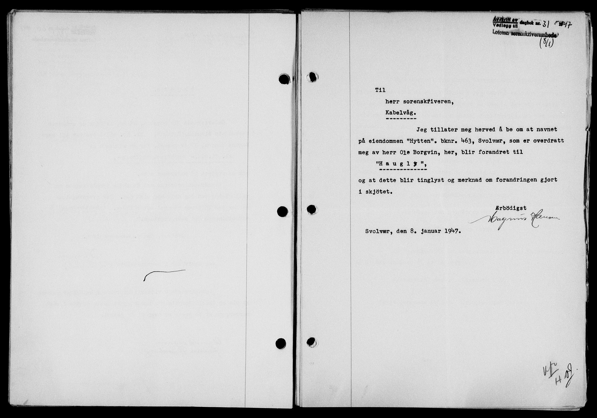 Lofoten sorenskriveri, SAT/A-0017/1/2/2C/L0015a: Mortgage book no. 15a, 1946-1947, Diary no: : 31/1947