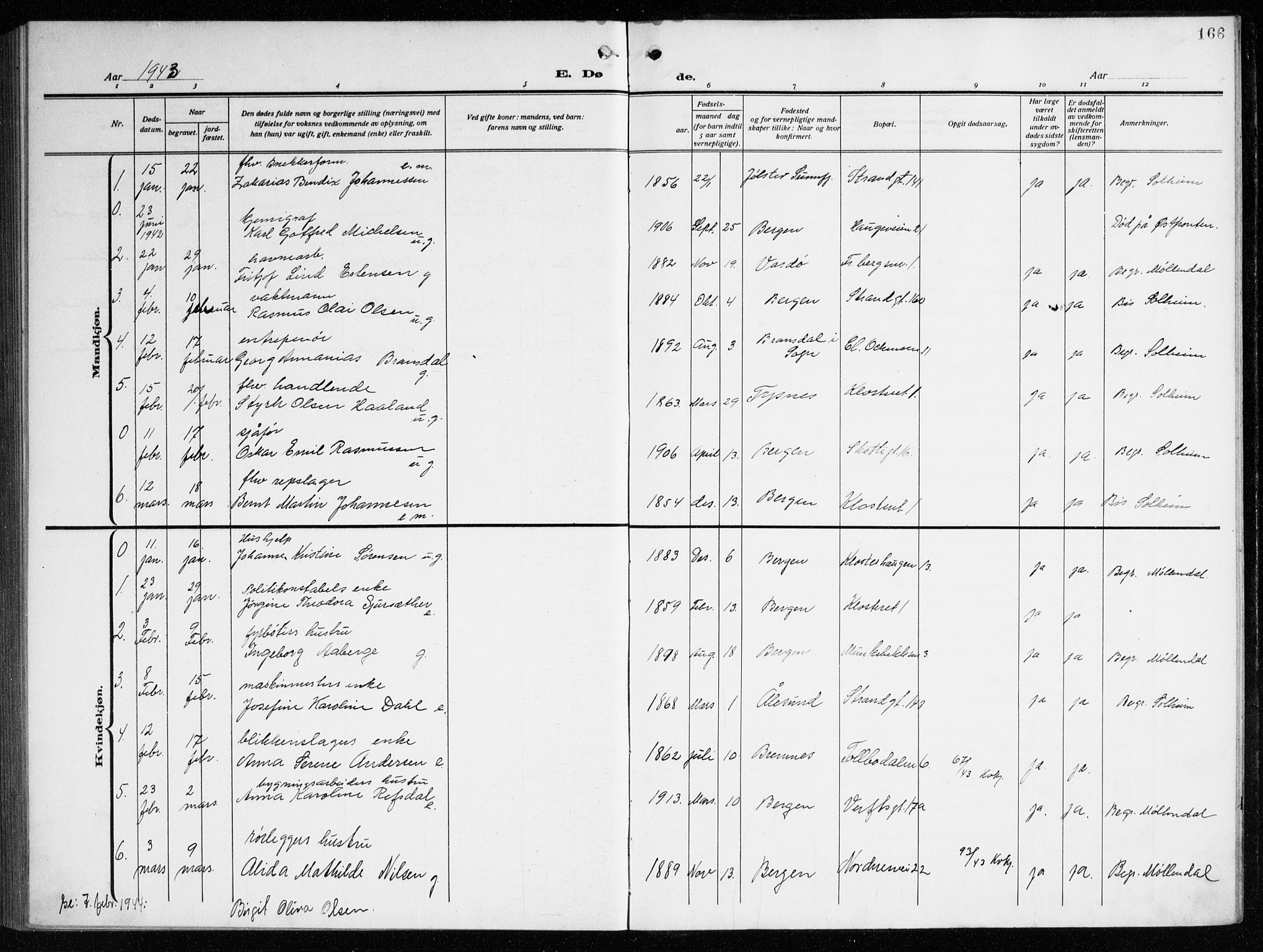 Nykirken Sokneprestembete, SAB/A-77101/H/Haa/L0046: Parish register (official) no. E 6, 1918-1944, p. 166