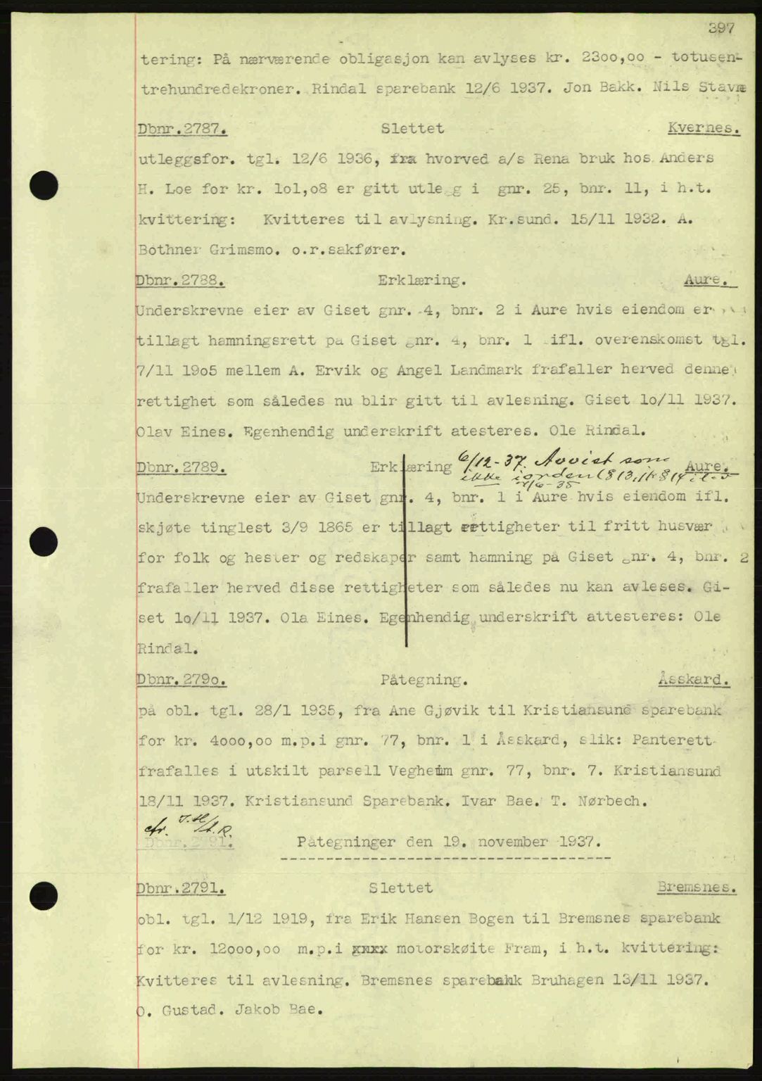 Nordmøre sorenskriveri, AV/SAT-A-4132/1/2/2Ca: Mortgage book no. C80, 1936-1939, Diary no: : 2787/1937