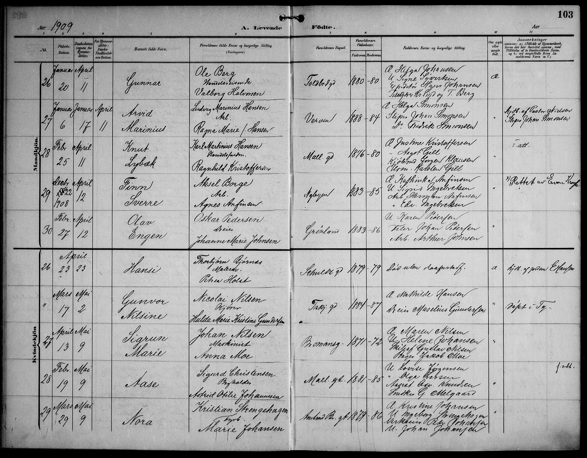 Strømsø kirkebøker, AV/SAKO-A-246/F/Fa/L0026: Parish register (official) no. I 26, 1905-1914, p. 103