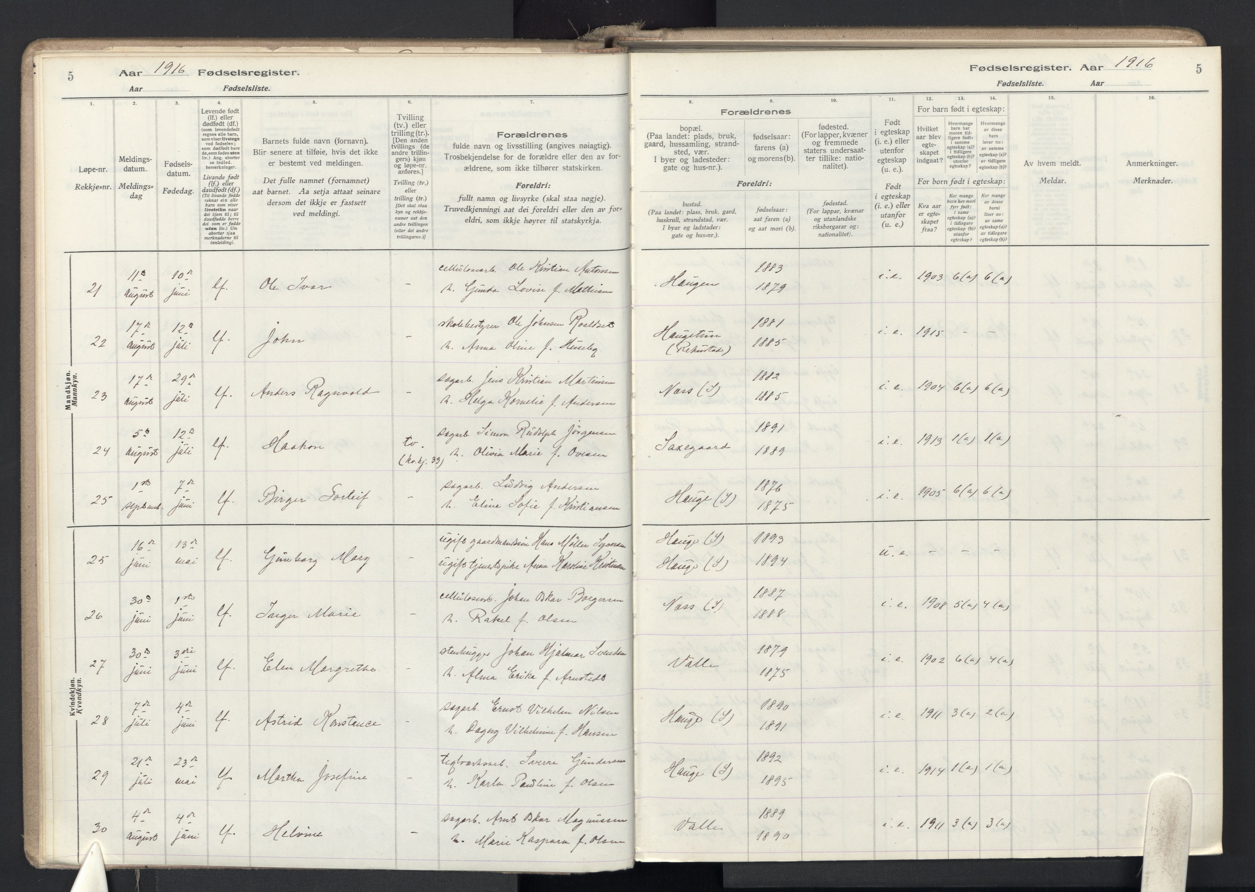 Rolvsøy prestekontor Kirkebøker, AV/SAO-A-2004/J/Ja/L0001: Birth register no. 1, 1916-1946, p. 5