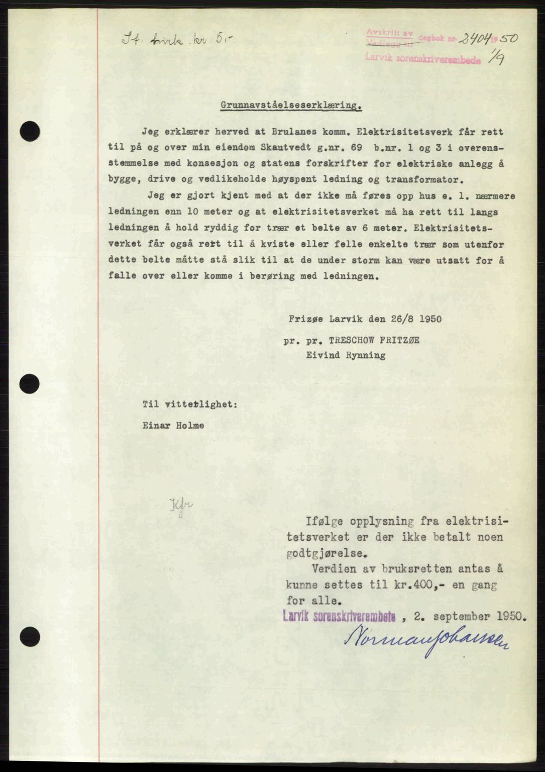 Larvik sorenskriveri, AV/SAKO-A-83/G/Ga/Gab/L0092: Mortgage book no. A-26, 1950-1950, Diary no: : 2404/1950
