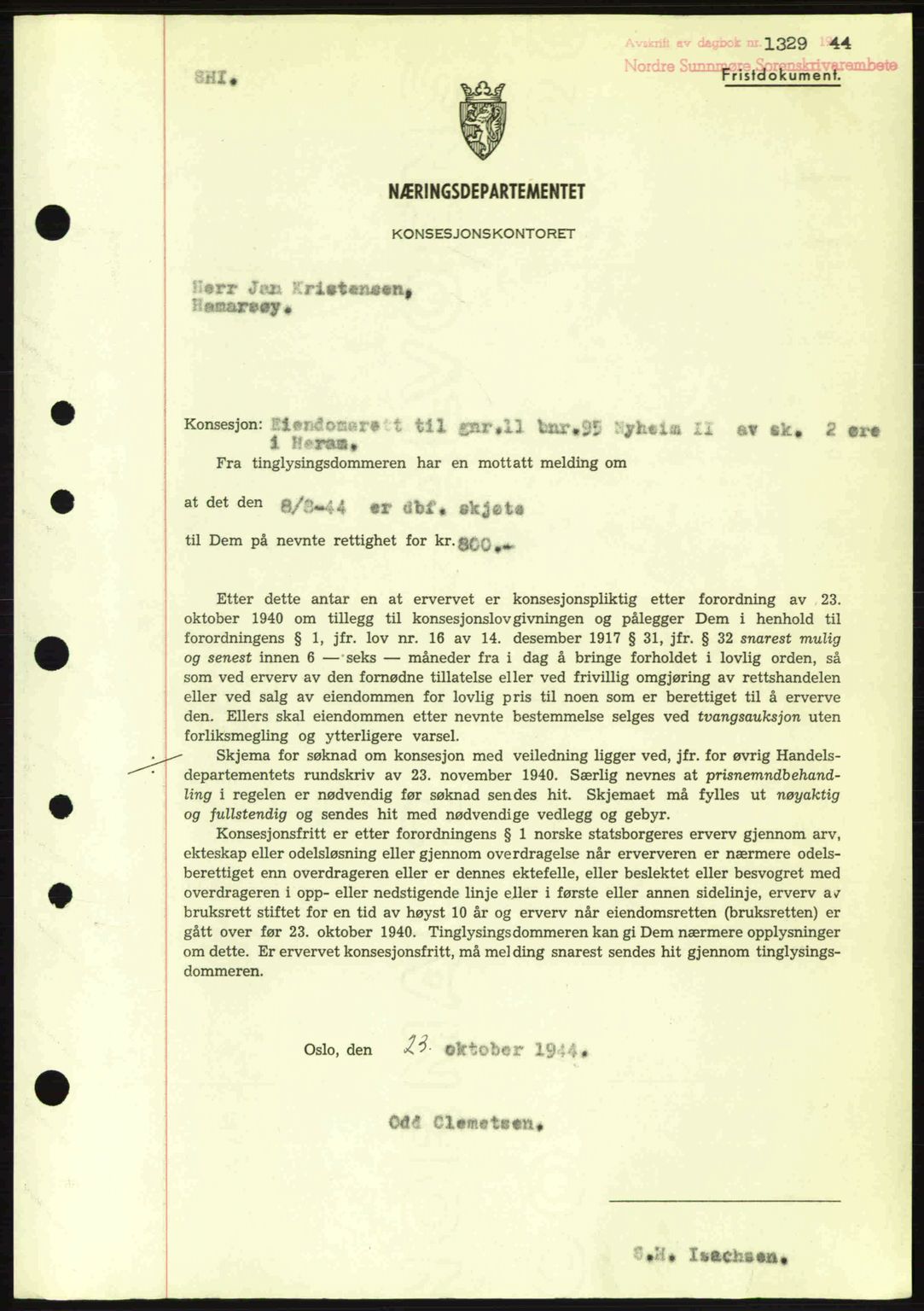 Nordre Sunnmøre sorenskriveri, SAT/A-0006/1/2/2C/2Ca: Mortgage book no. B6-14 a, 1942-1945, Diary no: : 1329/1944