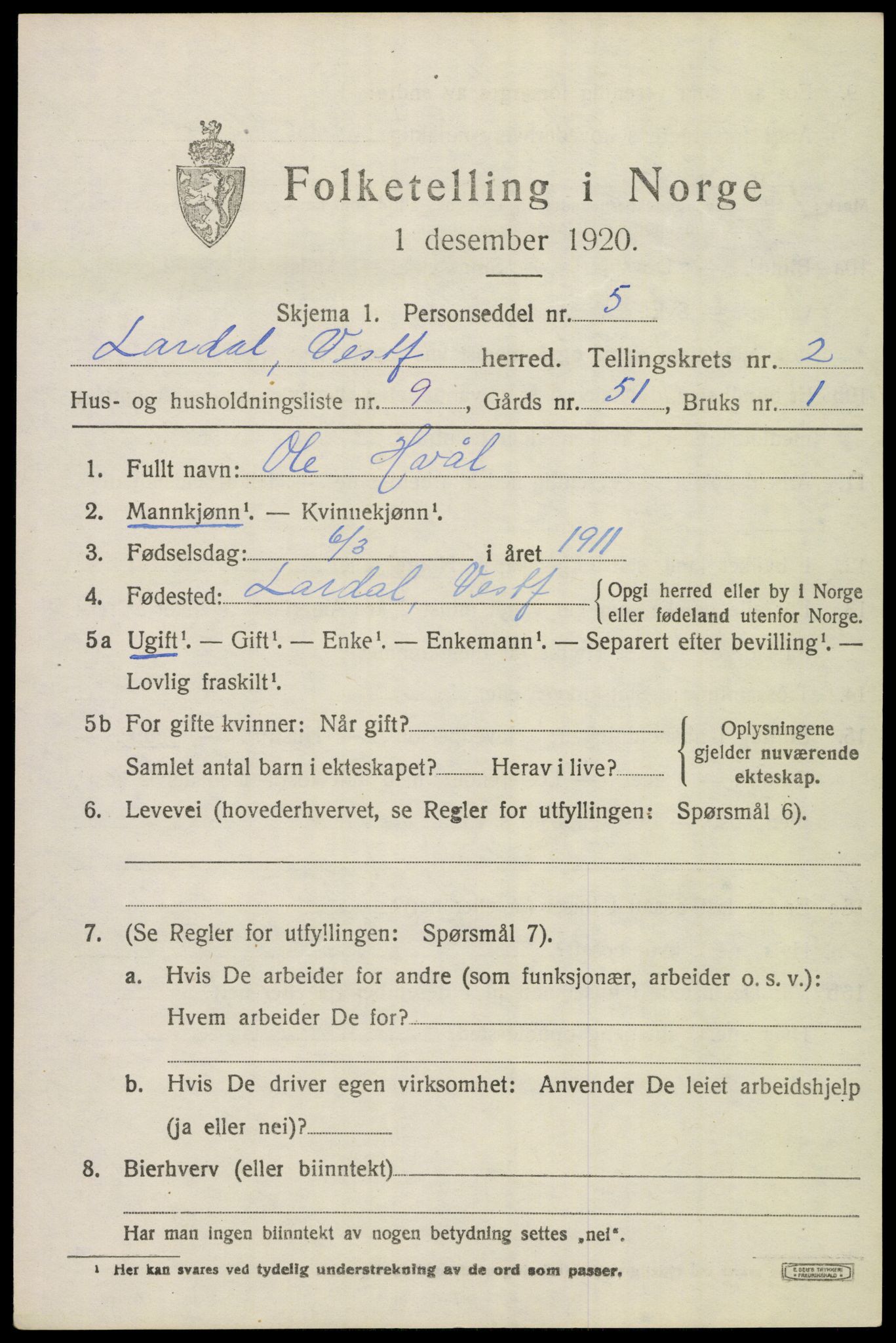 SAKO, 1920 census for Lardal, 1920, p. 2061