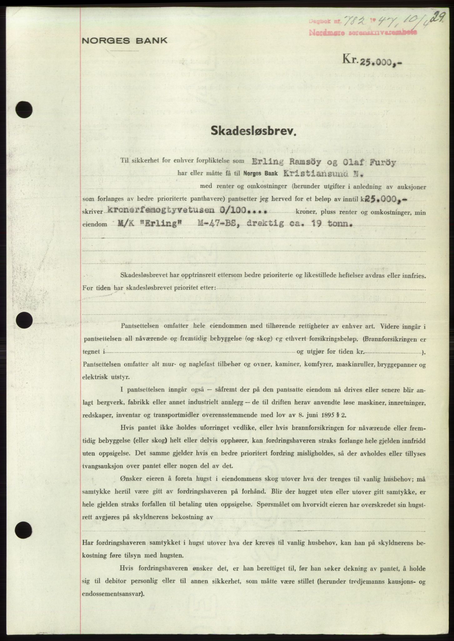 Nordmøre sorenskriveri, AV/SAT-A-4132/1/2/2Ca: Mortgage book no. B96, 1947-1947, Diary no: : 782/1947