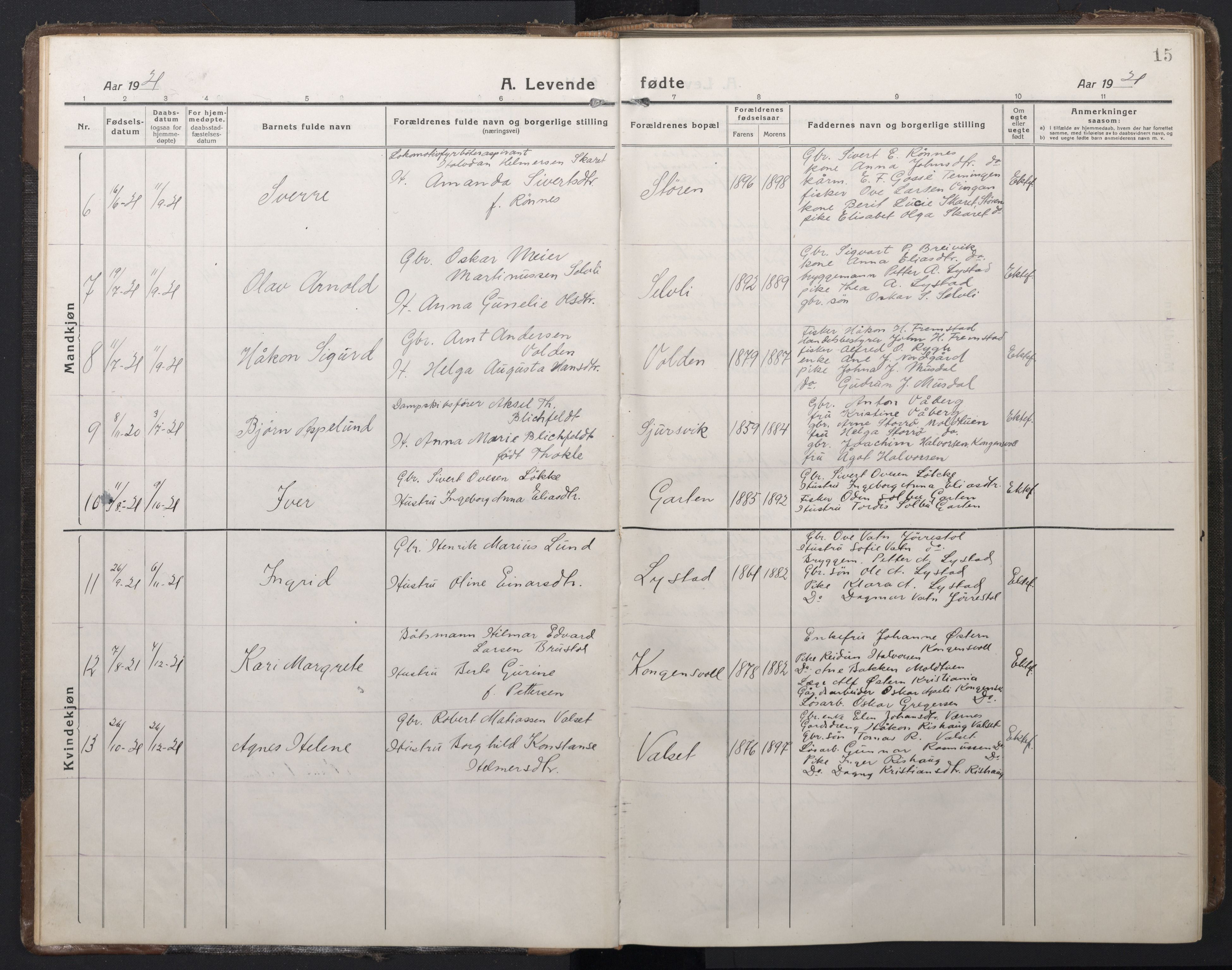 Ministerialprotokoller, klokkerbøker og fødselsregistre - Sør-Trøndelag, SAT/A-1456/662/L0758: Parish register (copy) no. 662C03, 1918-1948, p. 15
