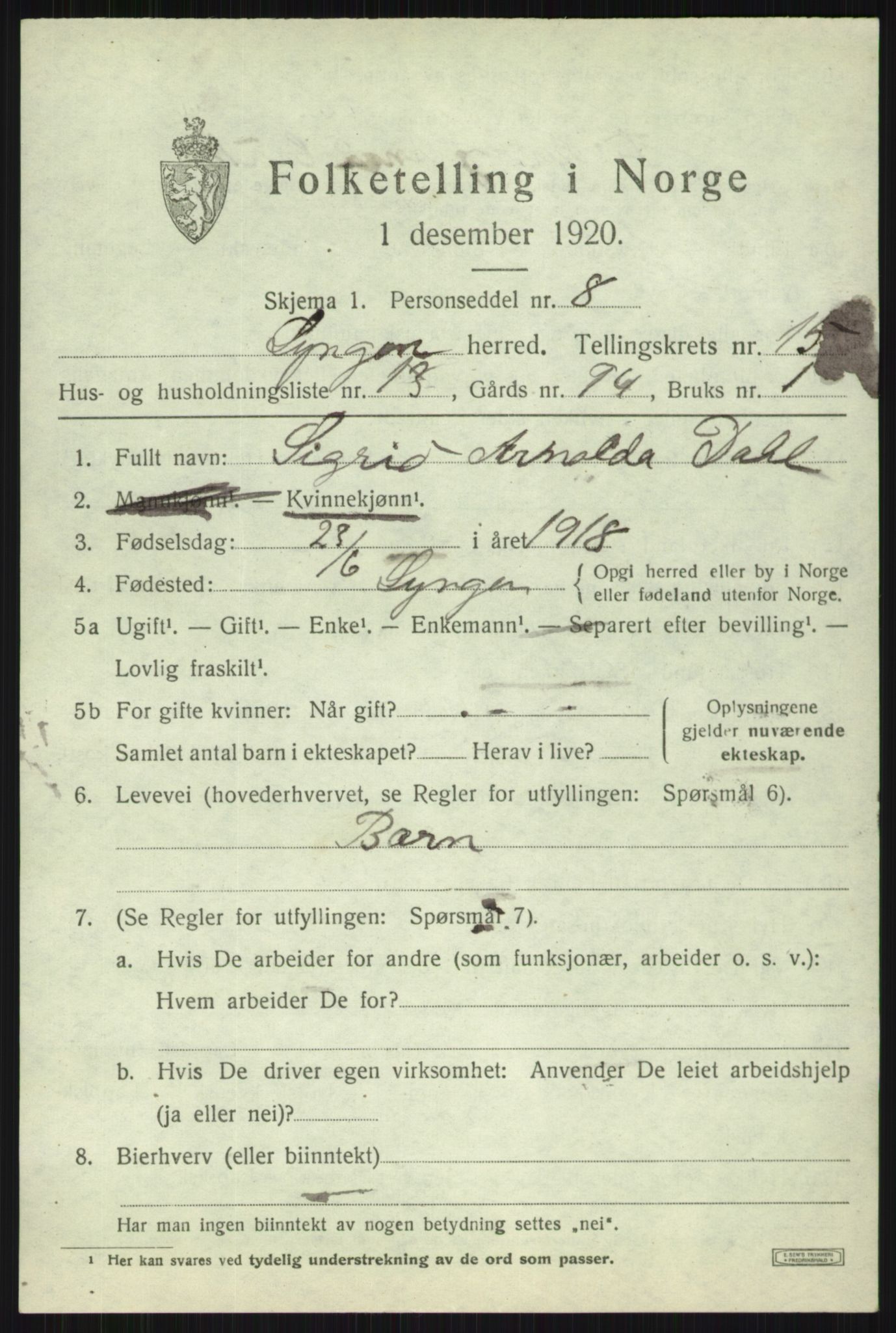 SATØ, 1920 census for Lyngen, 1920, p. 13011