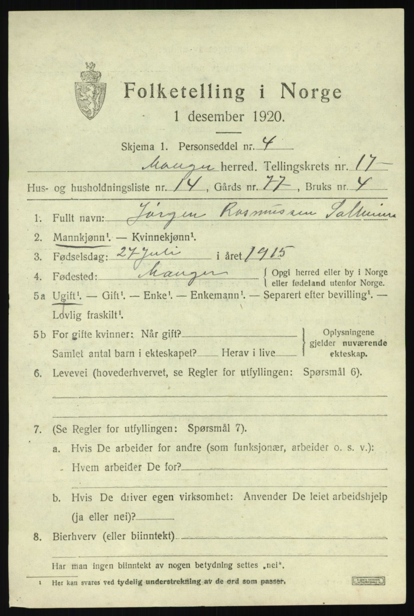 SAB, 1920 census for Manger, 1920, p. 9722
