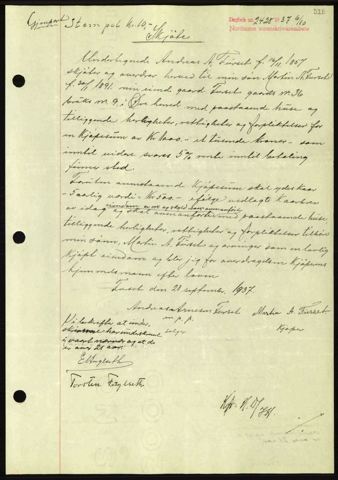 Nordmøre sorenskriveri, AV/SAT-A-4132/1/2/2Ca: Mortgage book no. A82, 1937-1938, Diary no: : 2428/1937