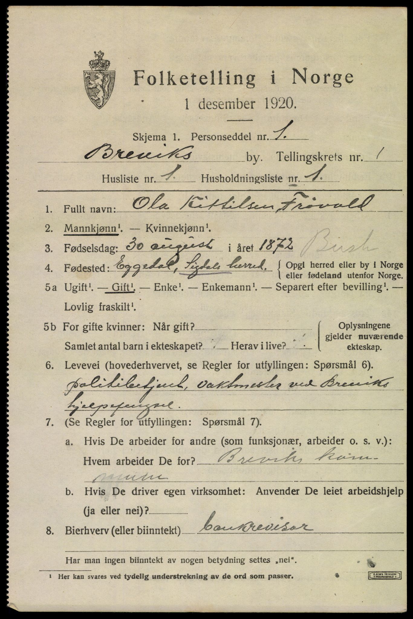 SAKO, 1920 census for Brevik, 1920, p. 2140