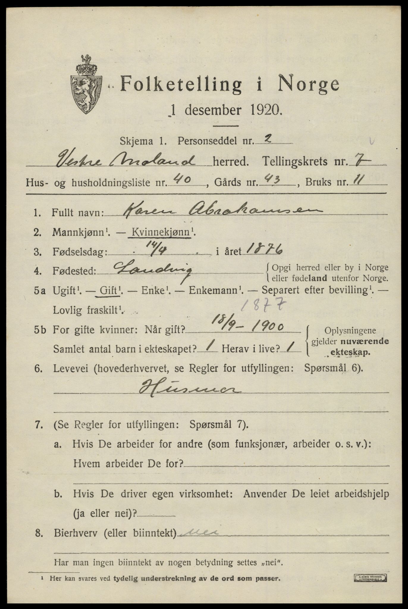 SAK, 1920 census for Vestre Moland, 1920, p. 5209