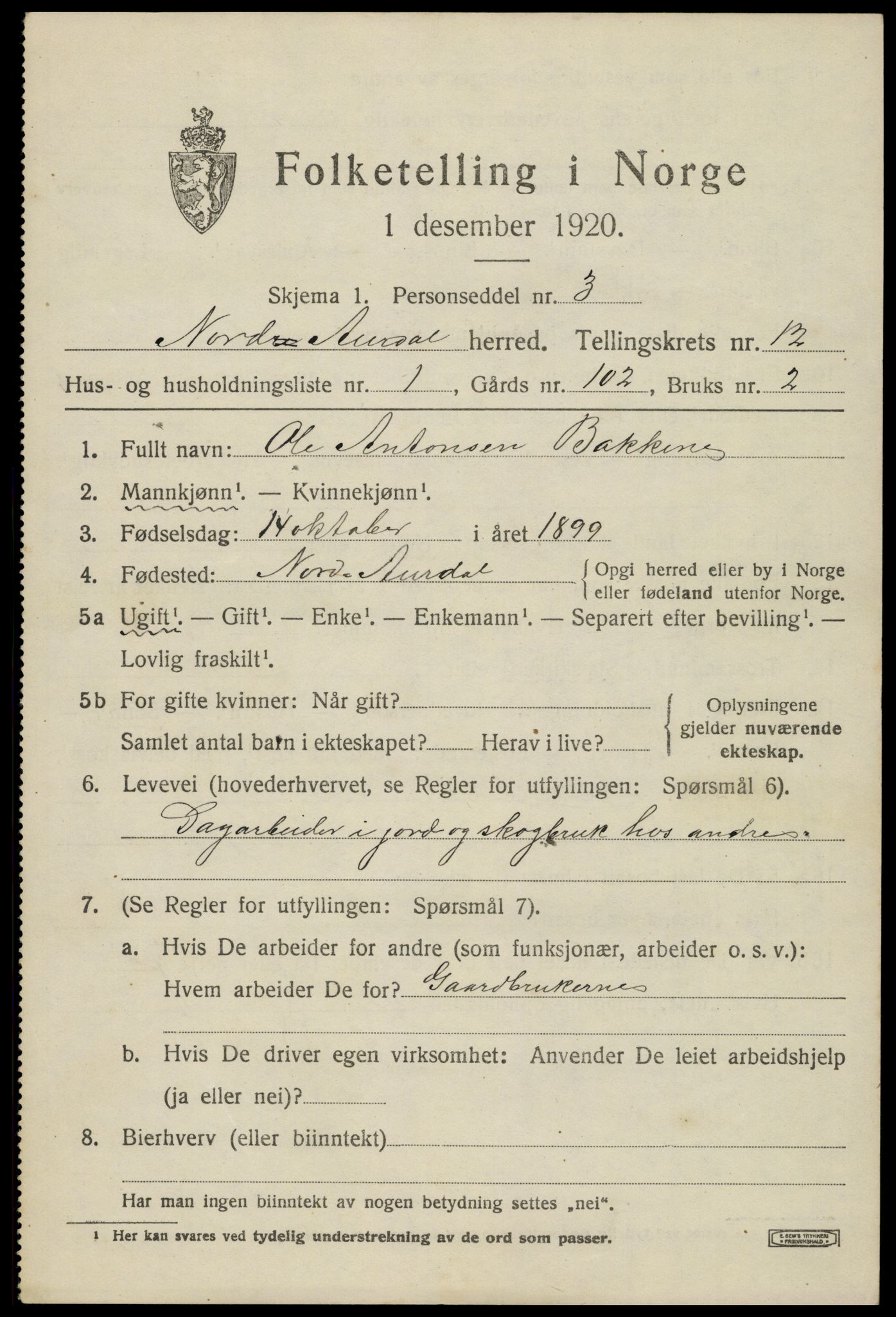 SAH, 1920 census for Nord-Aurdal, 1920, p. 9888