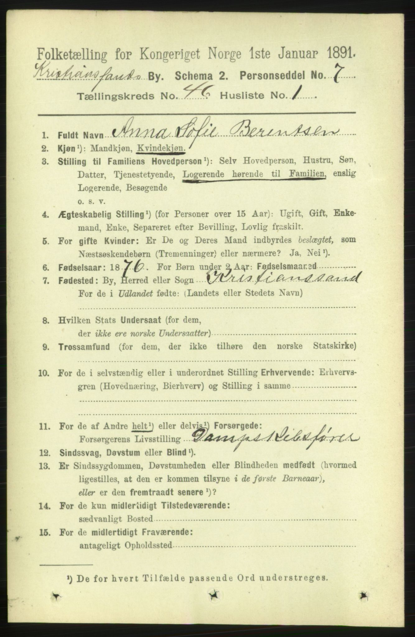 RA, 1891 census for 1001 Kristiansand, 1891, p. 14006