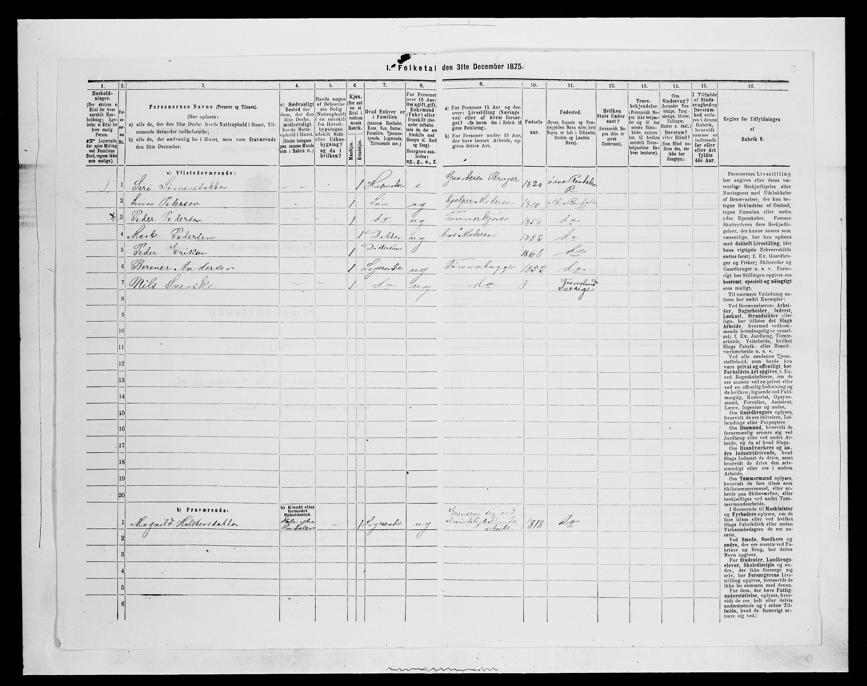 SAH, 1875 census for 0432P Rendalen, 1875, p. 332