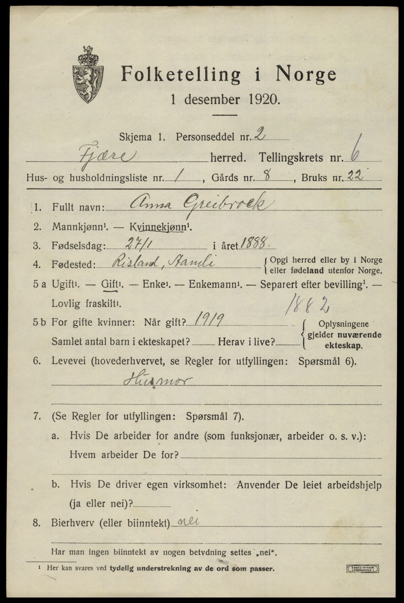 SAK, 1920 census for Fjære, 1920, p. 8209