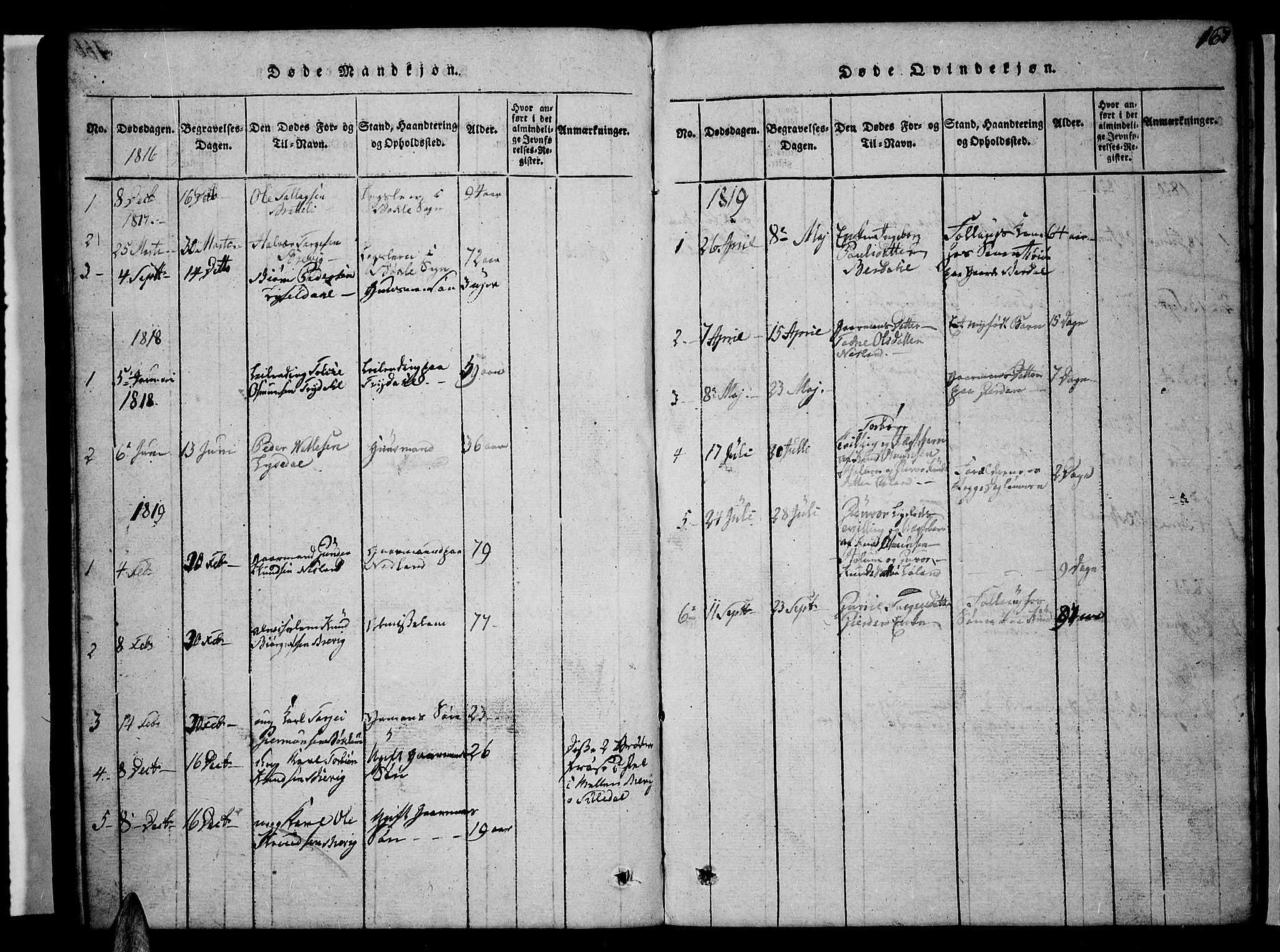 Valle sokneprestkontor, AV/SAK-1111-0044/F/Fb/Fbc/L0001: Parish register (copy) no. B 1 /3, 1816-1829, p. 167