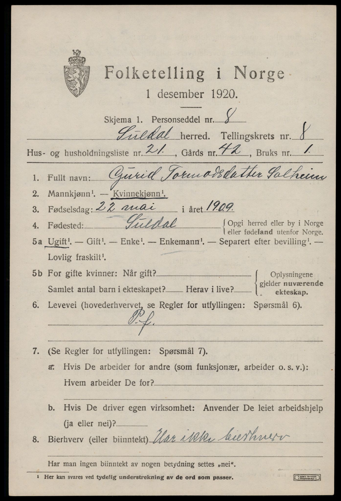 SAST, 1920 census for Suldal, 1920, p. 2142