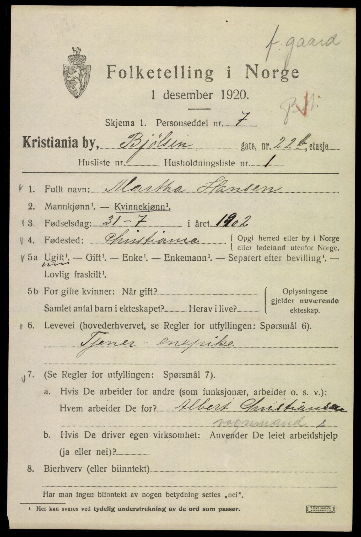 SAO, 1920 census for Kristiania, 1920, p. 163493