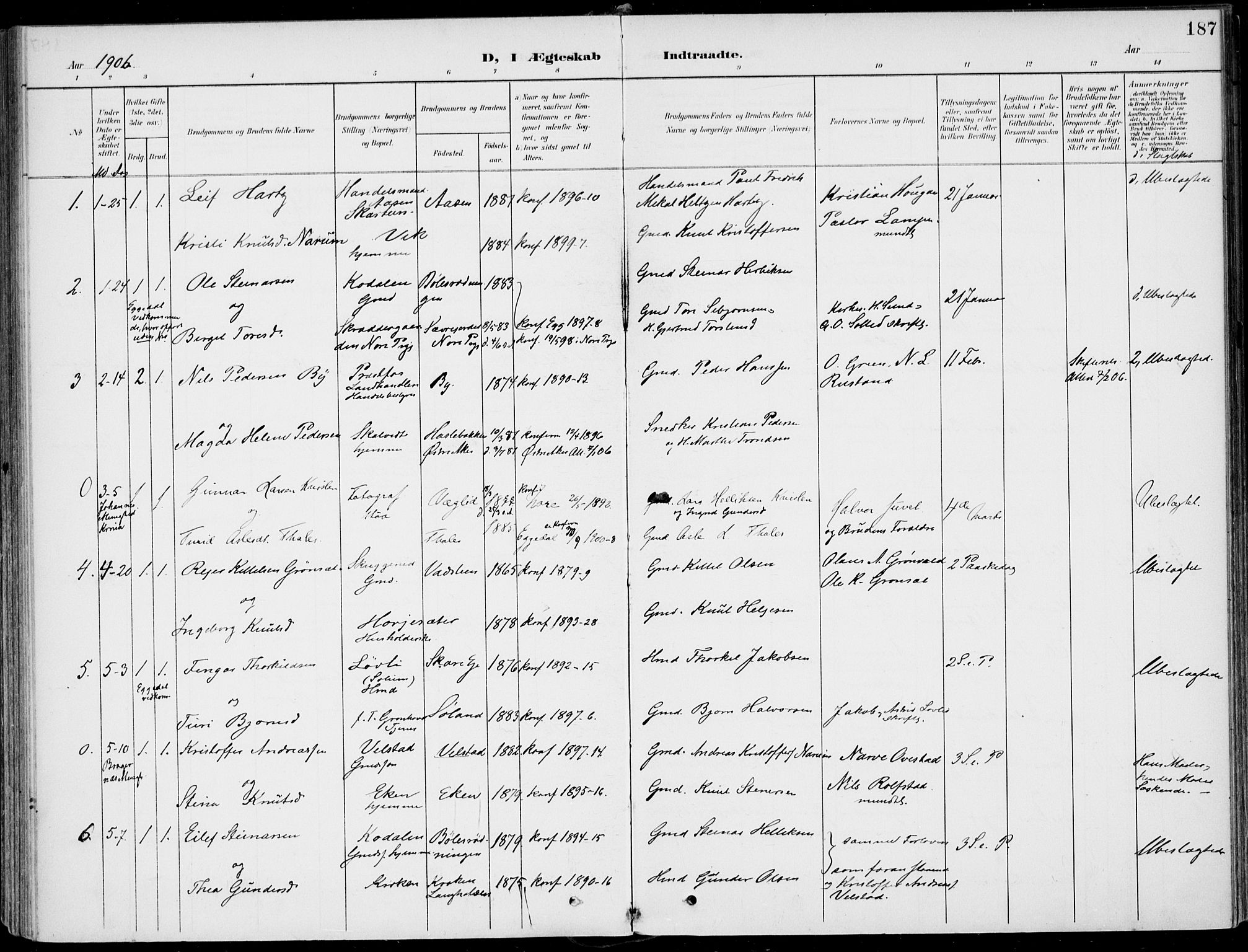 Sigdal kirkebøker, SAKO/A-245/F/Fb/L0002: Parish register (official) no. II 2, 1901-1914, p. 187