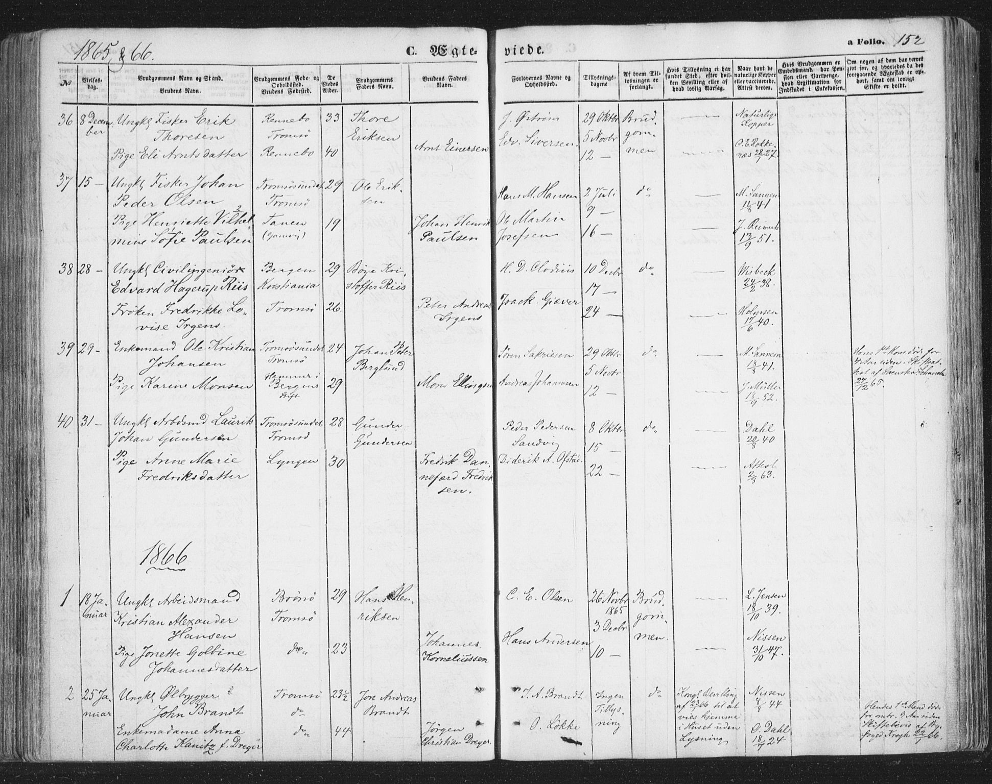 Tromsø sokneprestkontor/stiftsprosti/domprosti, AV/SATØ-S-1343/G/Ga/L0012kirke: Parish register (official) no. 12, 1865-1871, p. 152