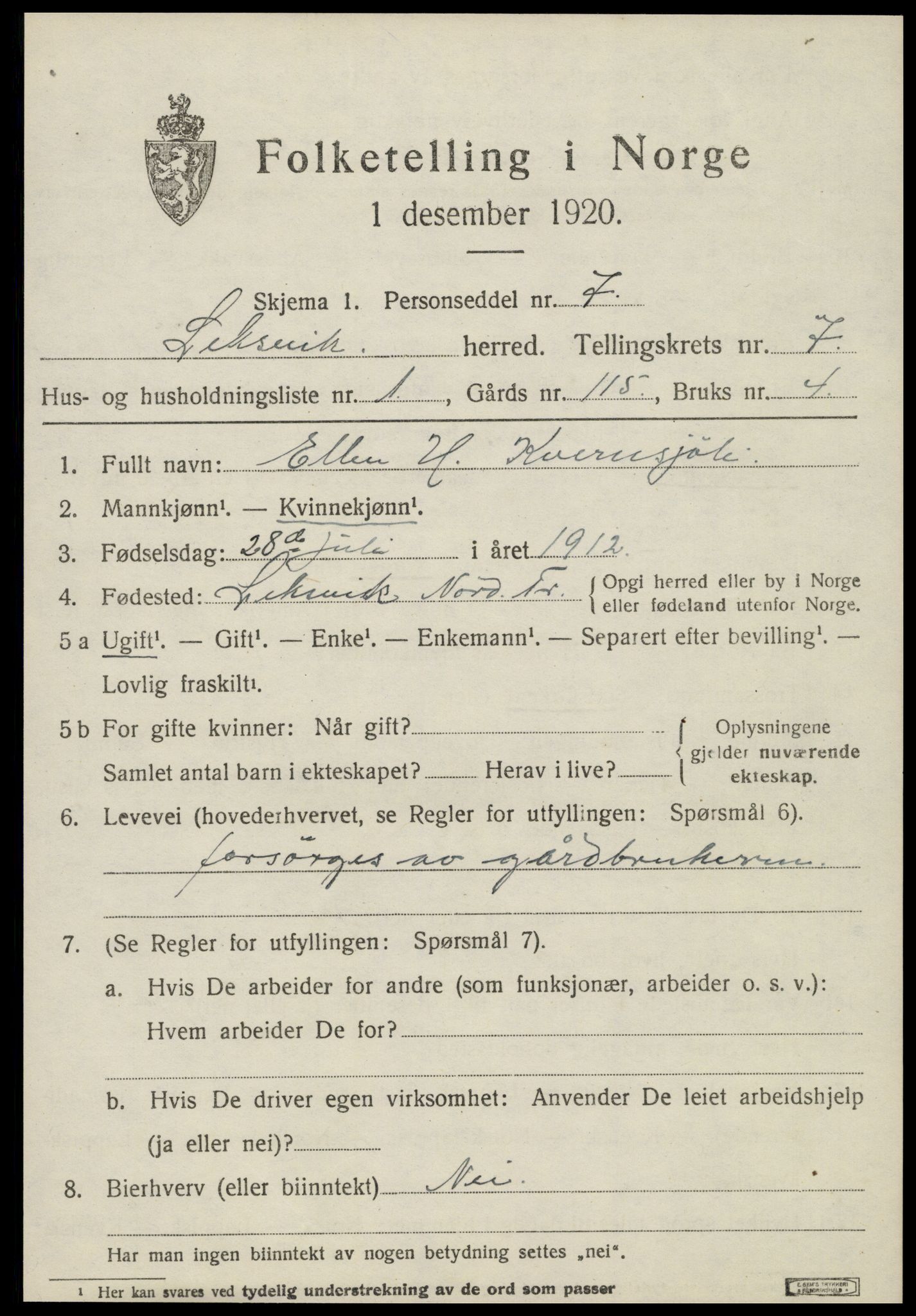 SAT, 1920 census for Leksvik, 1920, p. 6032