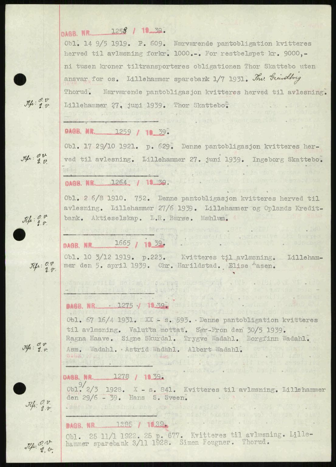 Sør-Gudbrandsdal tingrett, SAH/TING-004/H/Hb/Hbf/L0002: Mortgage book no. C1, 1938-1951, Diary no: : 1258/1939