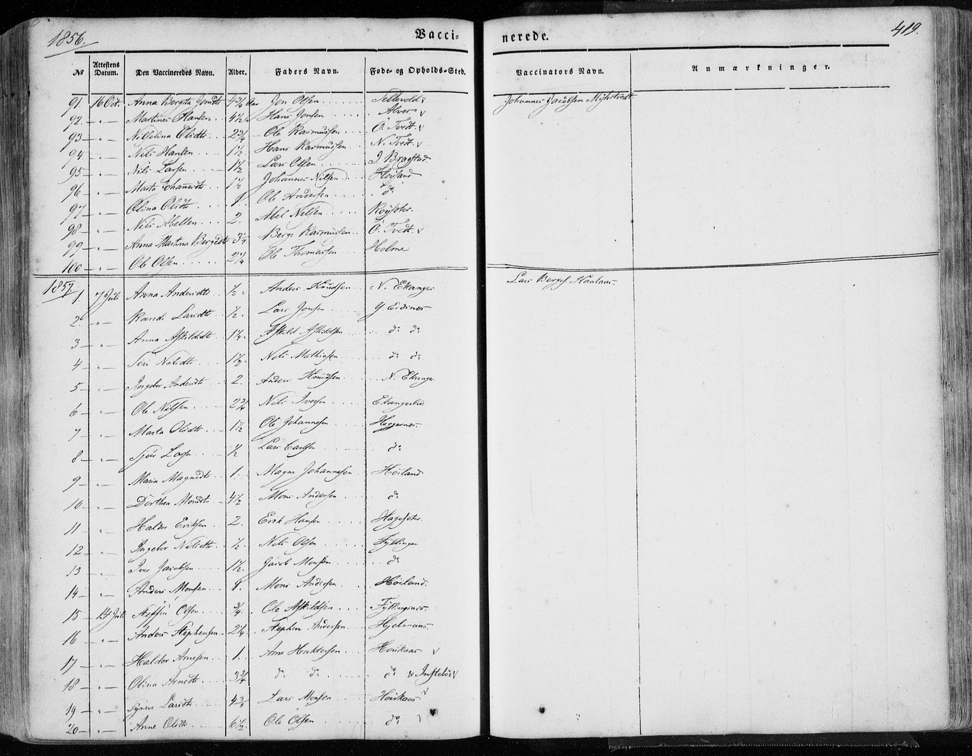 Hamre sokneprestembete, AV/SAB-A-75501/H/Ha/Haa/Haaa/L0013: Parish register (official) no. A 13, 1846-1857, p. 419