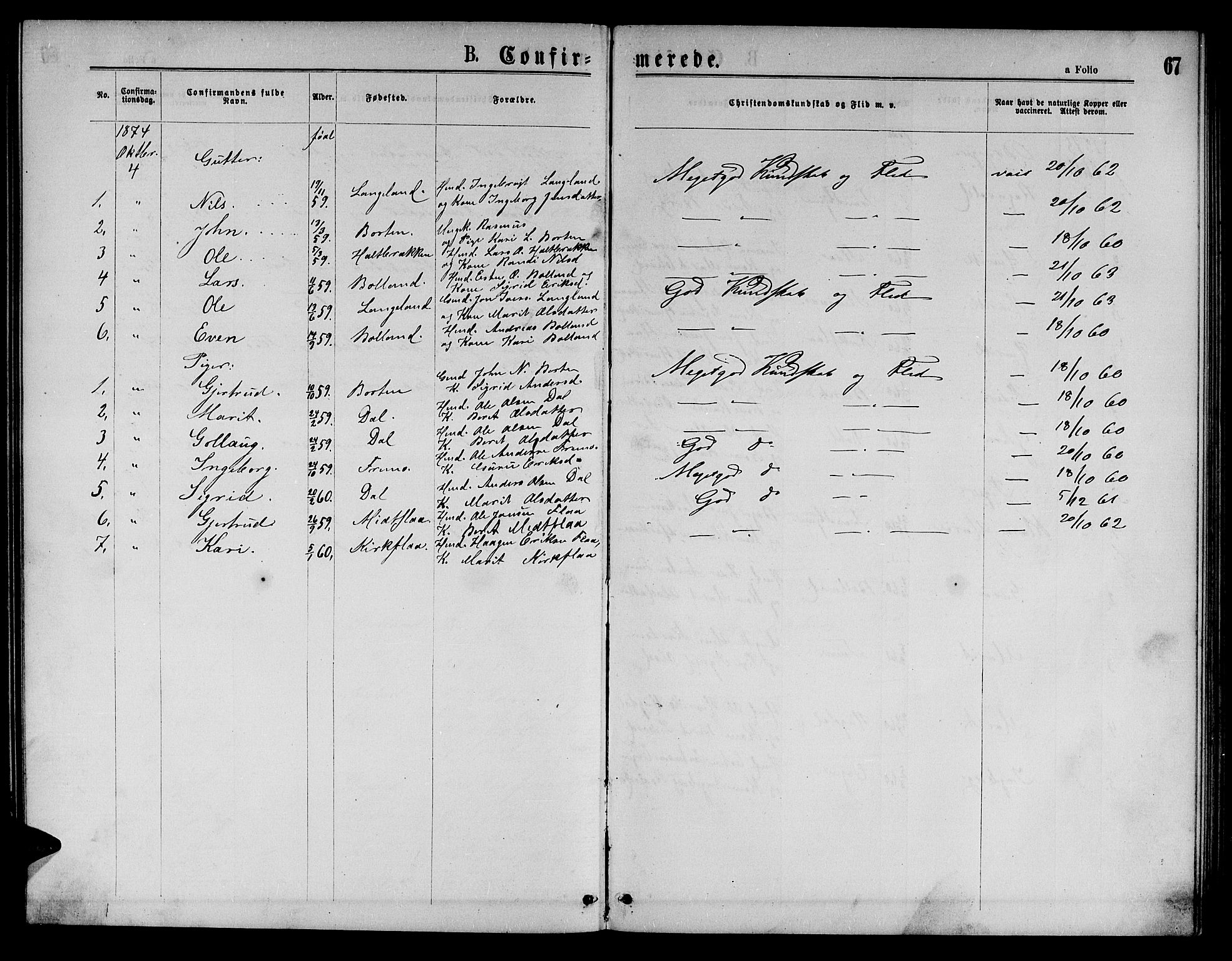 Ministerialprotokoller, klokkerbøker og fødselsregistre - Sør-Trøndelag, SAT/A-1456/693/L1122: Parish register (copy) no. 693C03, 1870-1886, p. 67
