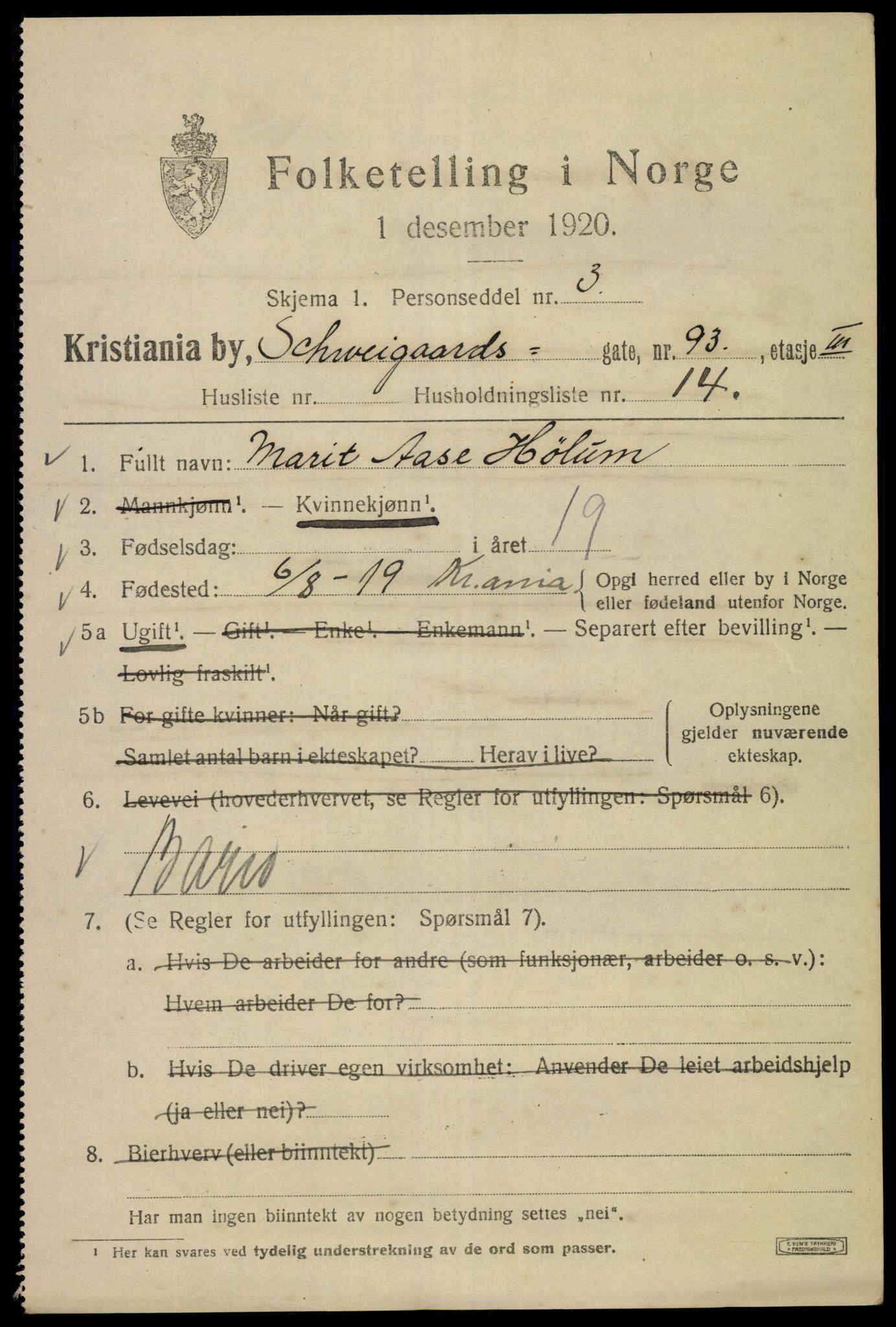 SAO, 1920 census for Kristiania, 1920, p. 499181