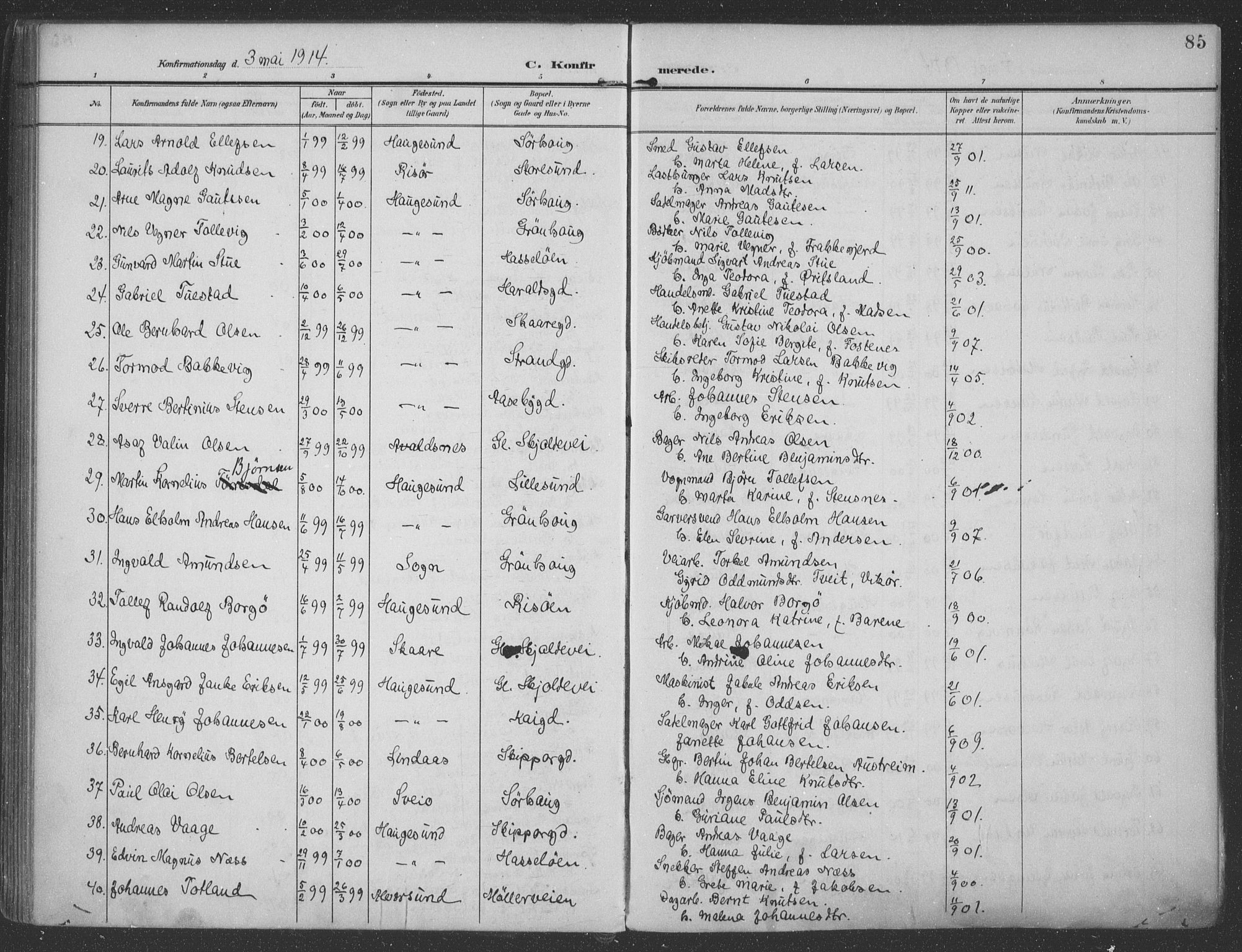 Haugesund sokneprestkontor, AV/SAST-A -101863/H/Ha/Haa/L0007: Parish register (official) no. A 7, 1904-1916, p. 85