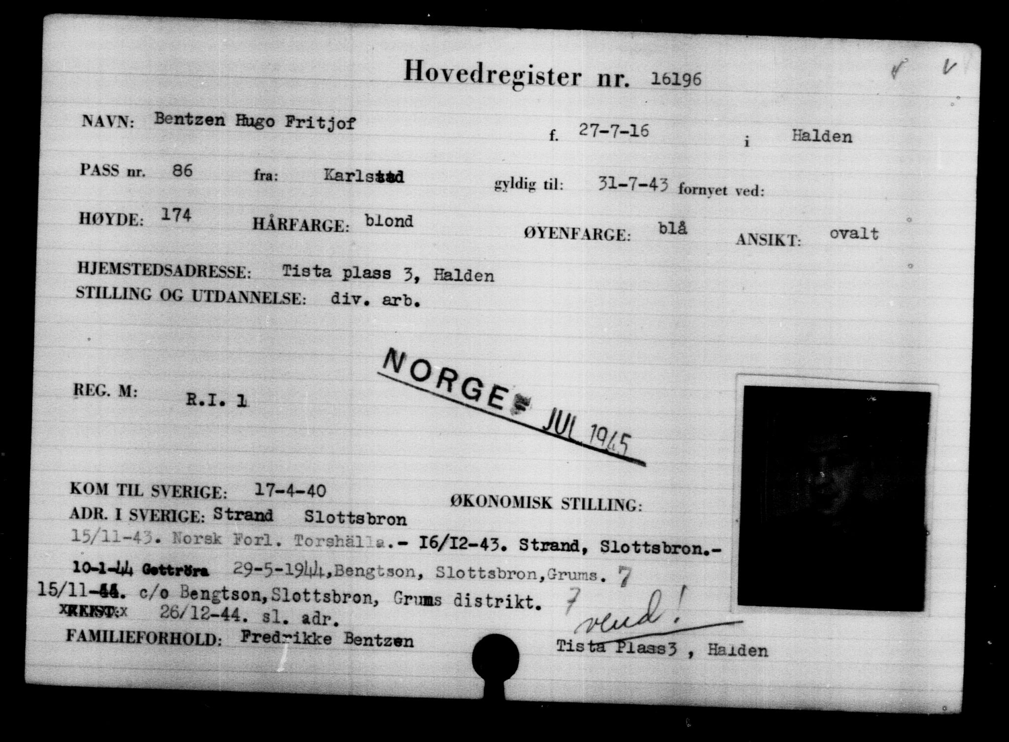 Utenriksstasjonene, Legasjonen i Stockholm, Flyktningkontoret, AV/RA-S-6753/V/Va/L0008: Kjesäterkartoteket, flyktninger med registreringsnr. 15700-18547, 1940-1945, p. 541