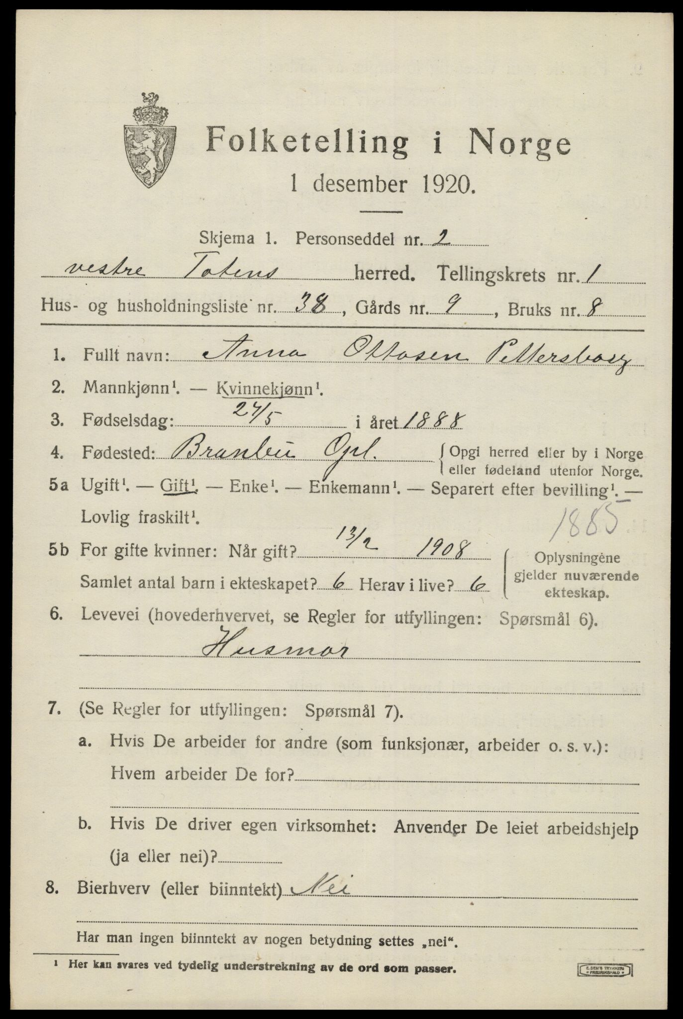 SAH, 1920 census for Vestre Toten, 1920, p. 2304