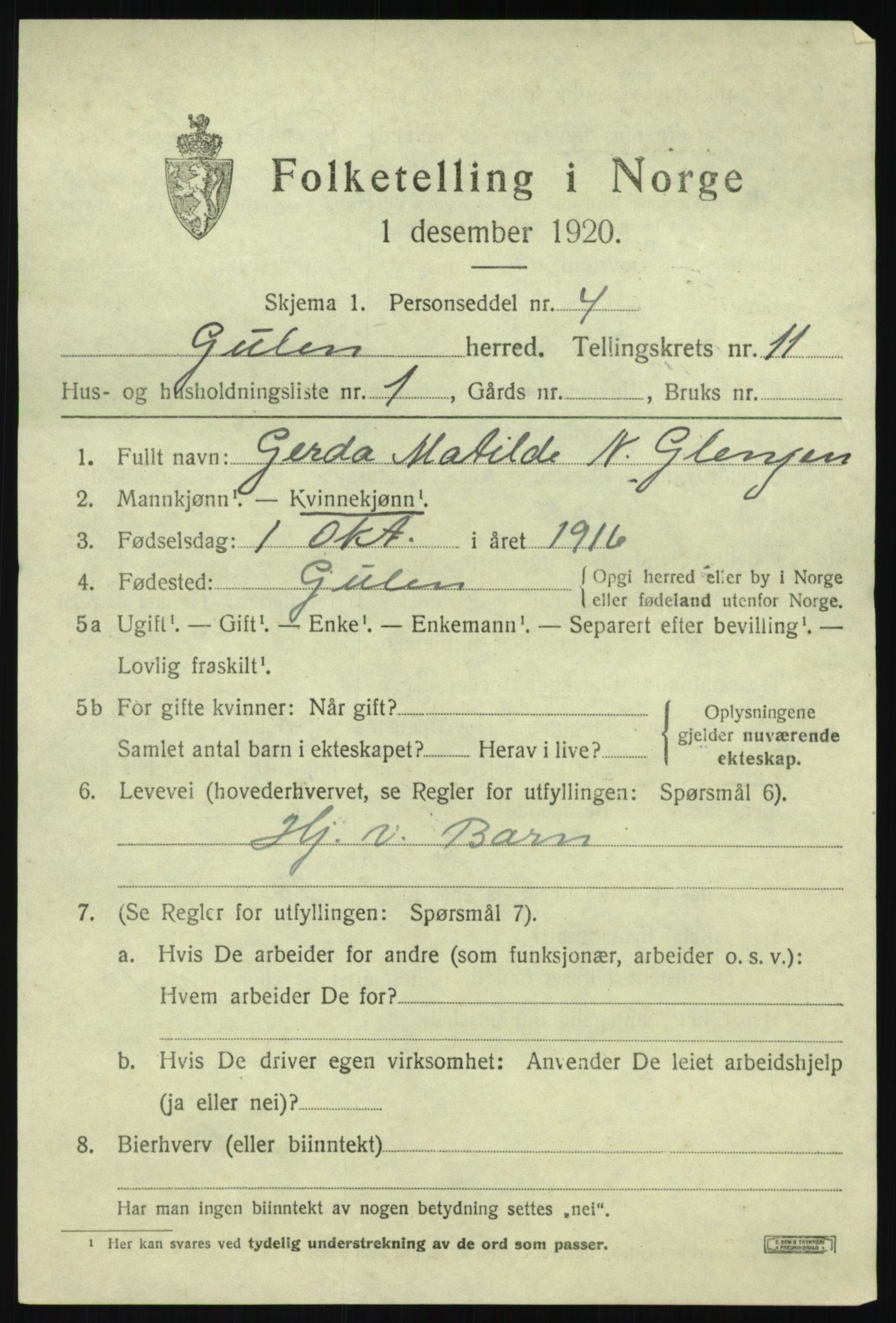 SAB, 1920 census for Gulen, 1920, p. 4985