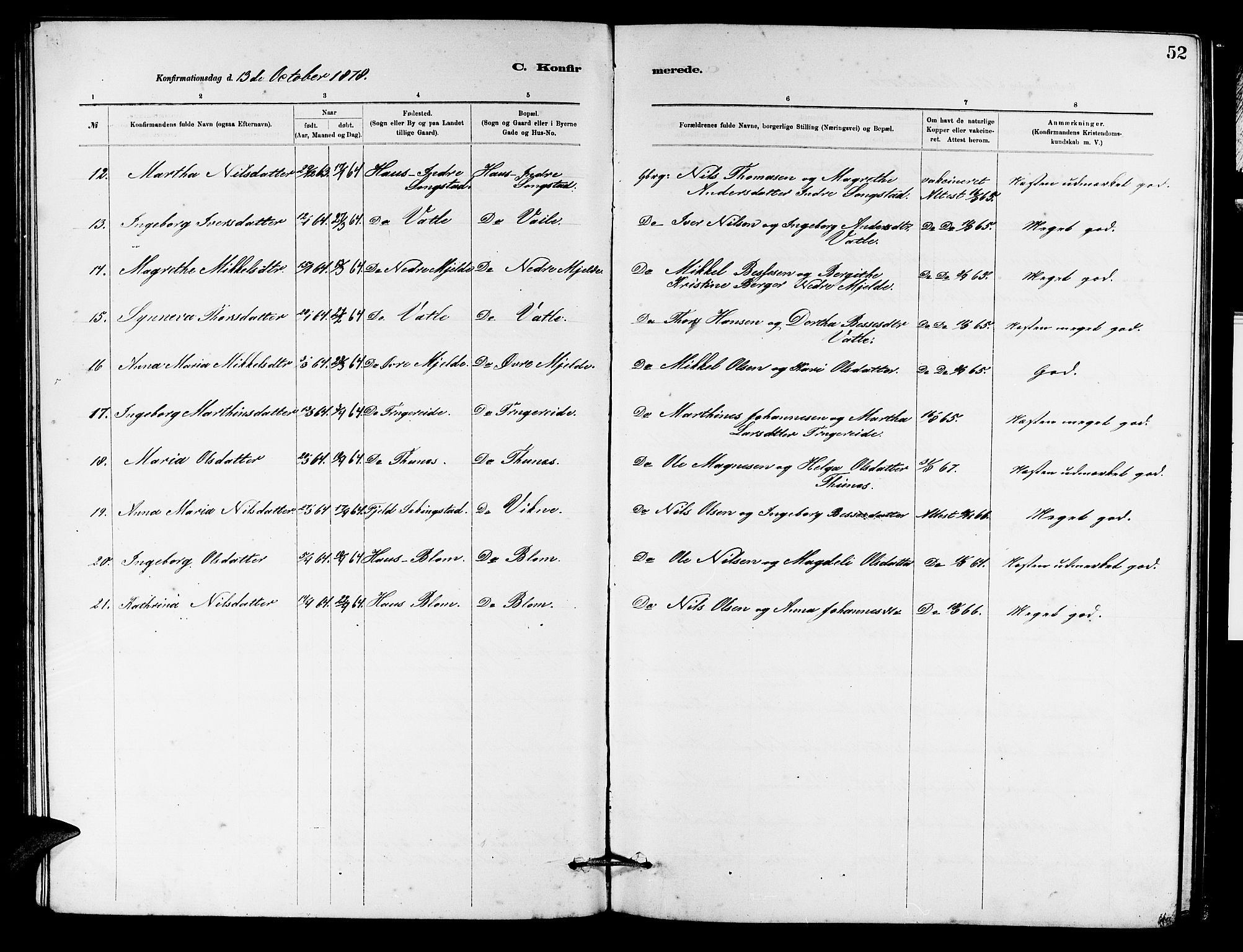 Haus sokneprestembete, AV/SAB-A-75601/H/Hab: Parish register (copy) no. B 2, 1878-1884, p. 52