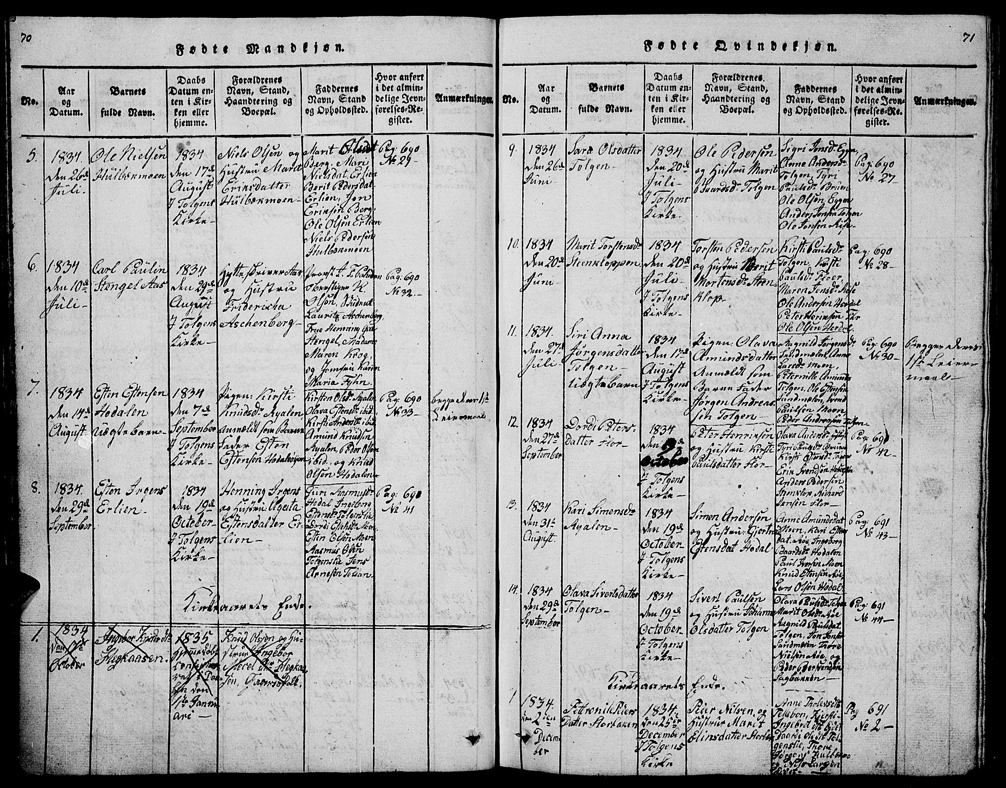 Tolga prestekontor, SAH/PREST-062/L/L0001: Parish register (copy) no. 1, 1814-1877, p. 70-71