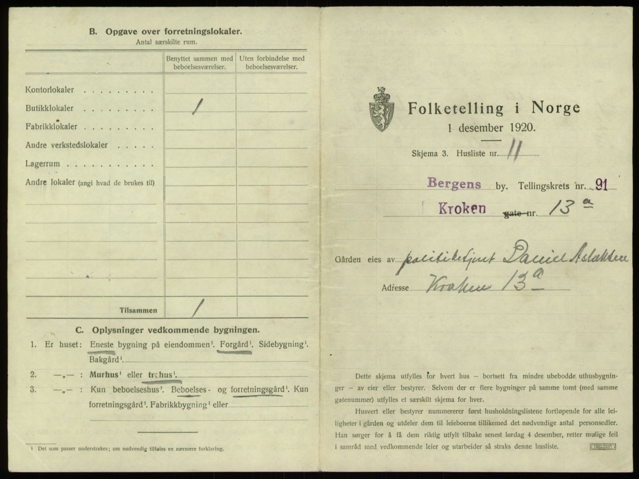 SAB, 1920 census for Bergen, 1920, p. 8720