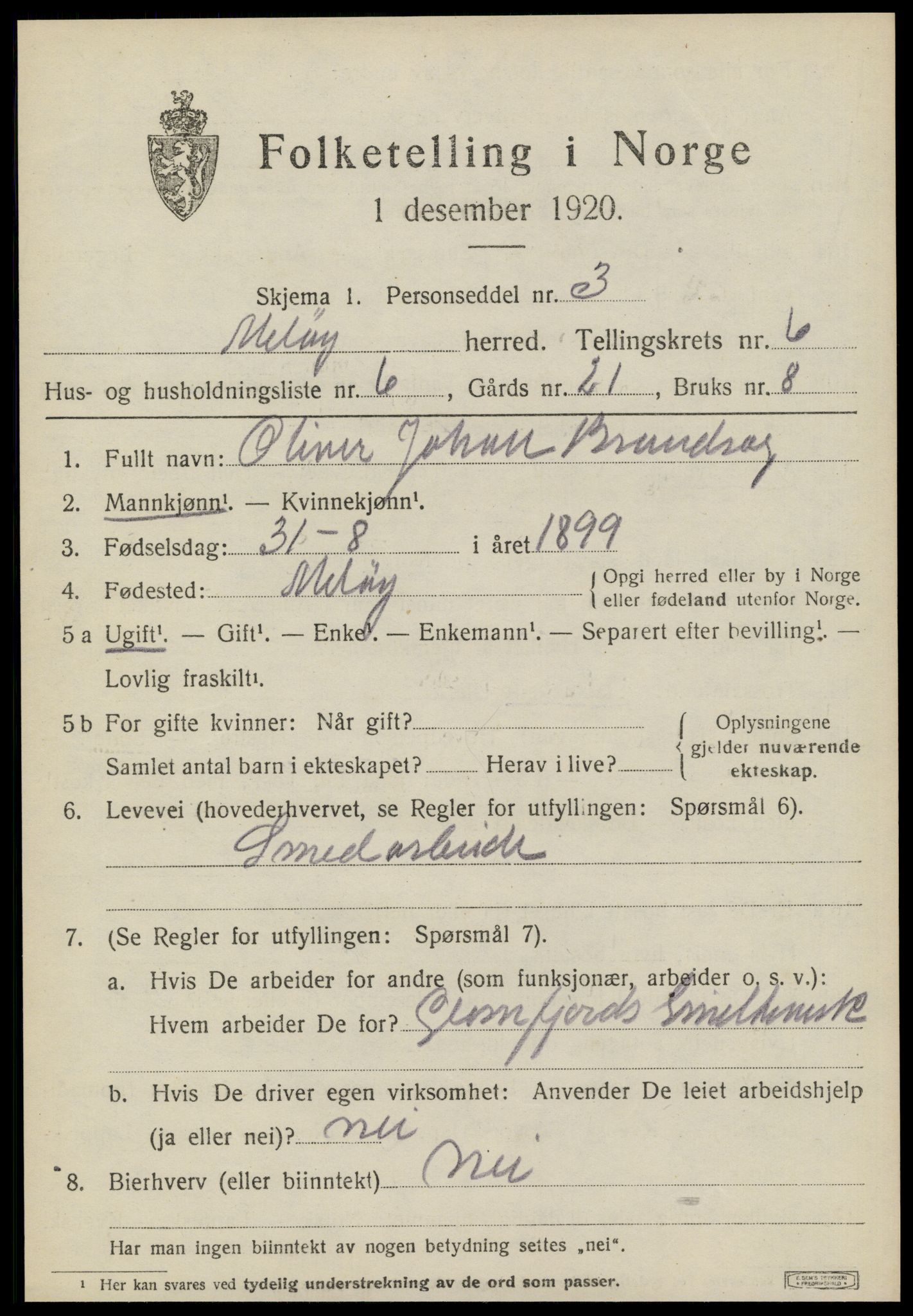 SAT, 1920 census for Meløy, 1920, p. 3467