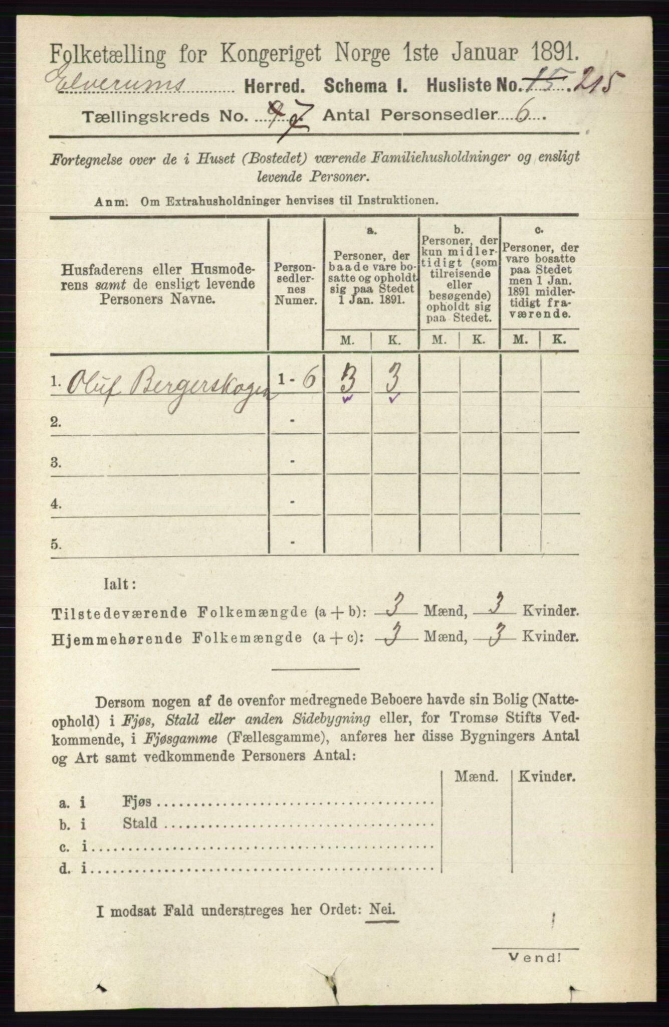 RA, 1891 census for 0427 Elverum, 1891, p. 5665