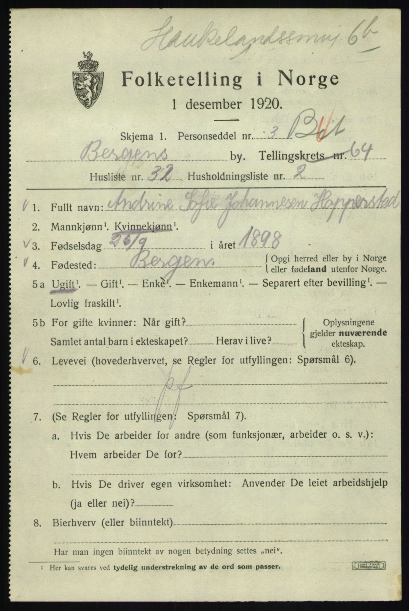 SAB, 1920 census for Bergen, 1920, p. 133057