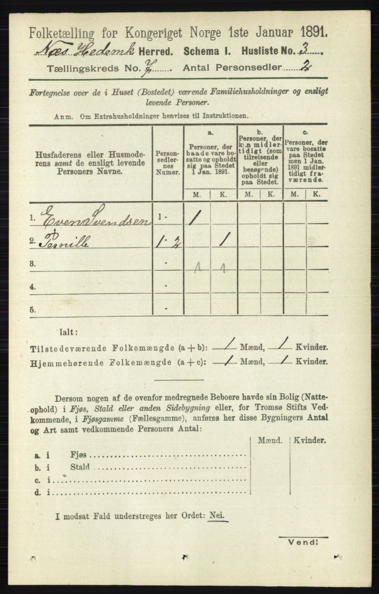 RA, 1891 census for 0411 Nes, 1891, p. 3831